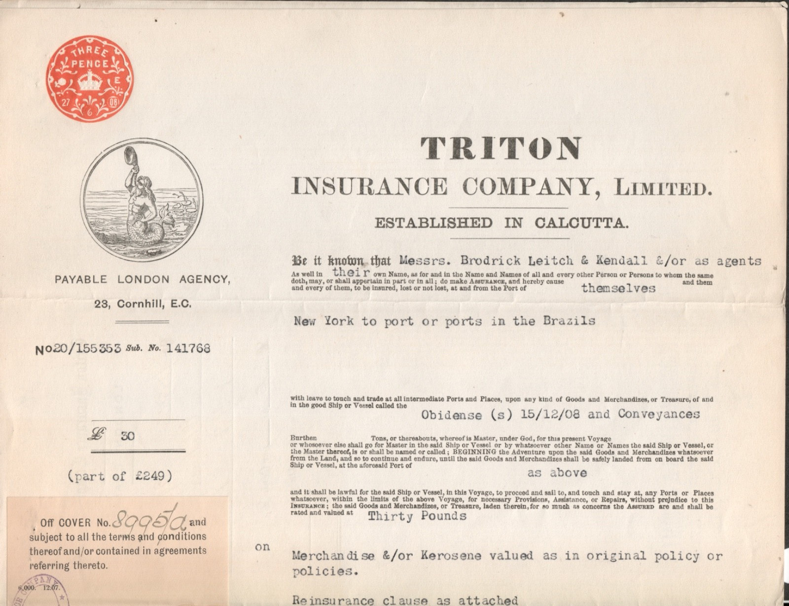 1908 SS OBIDENSE British Steam Ship NY to Brazil Insurance Policy Document