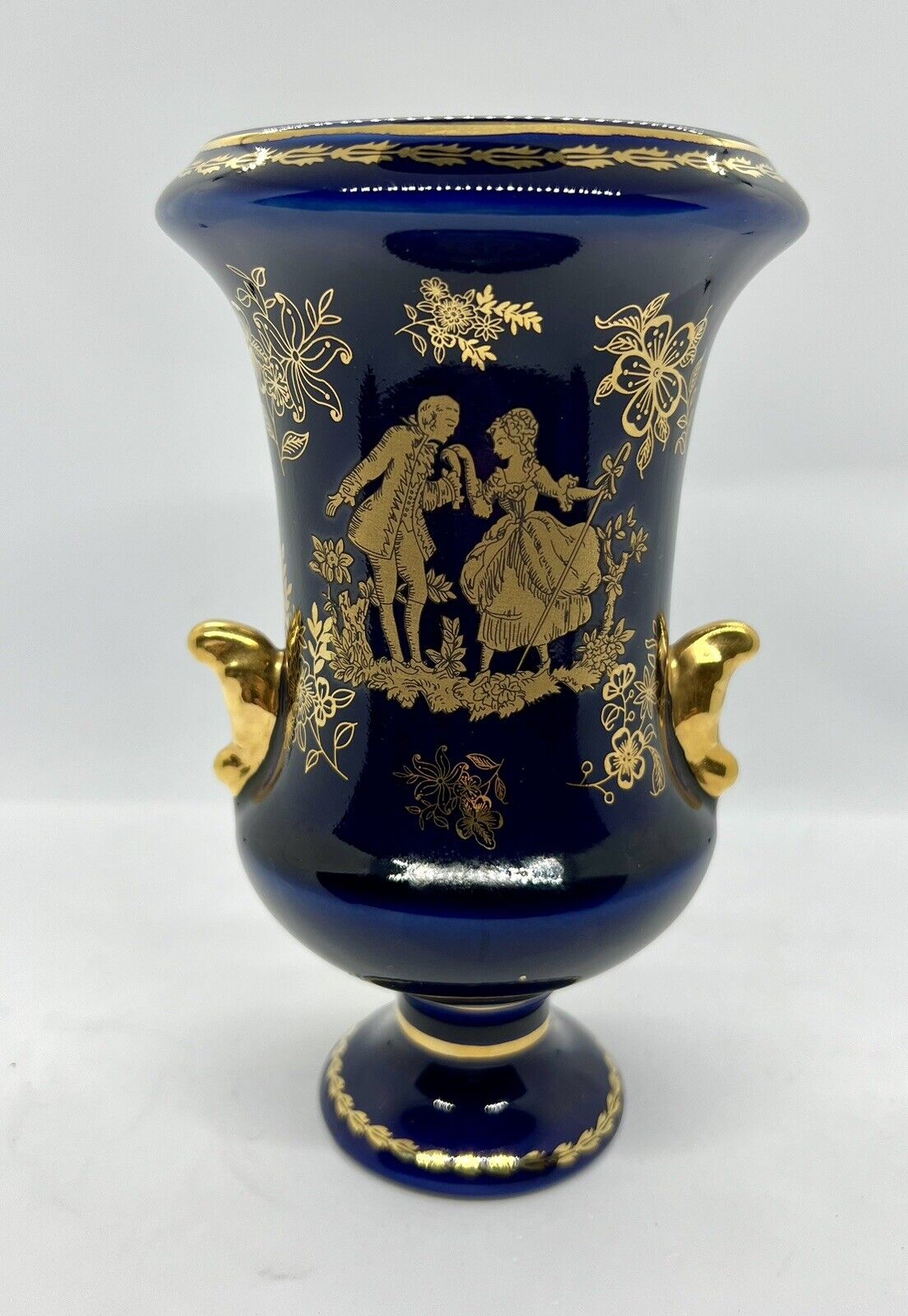 Presentti Italy Style Blue With Gold Tone Trim Porcelain Urn Style Vase