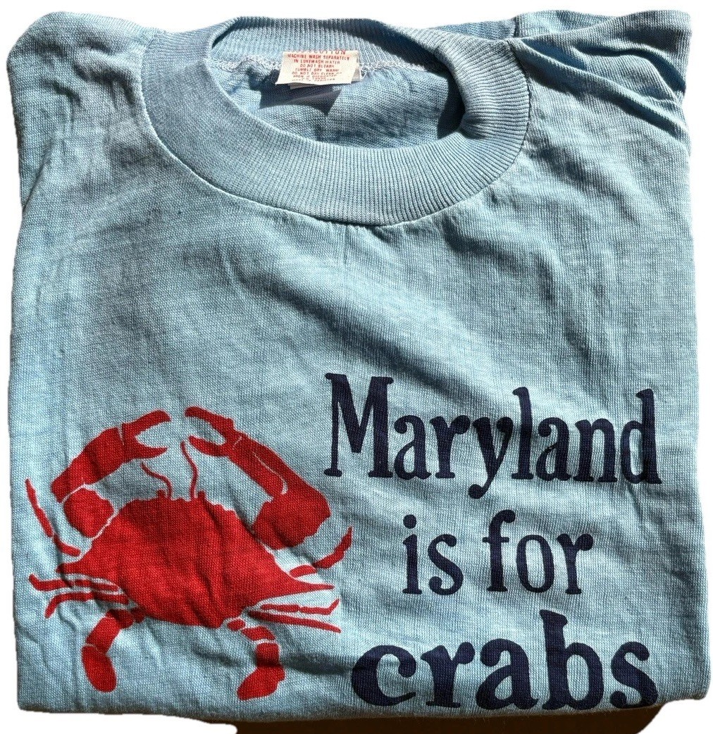 VTG 70's Maryland Is For Crabs T Shirt DEADSTOCK NOS Blue Hanco Adult LARGE VTG 70's Maryland Is For Crabs T Shirt DEADSTOCK NOS Blue Hanco Adult LARGE