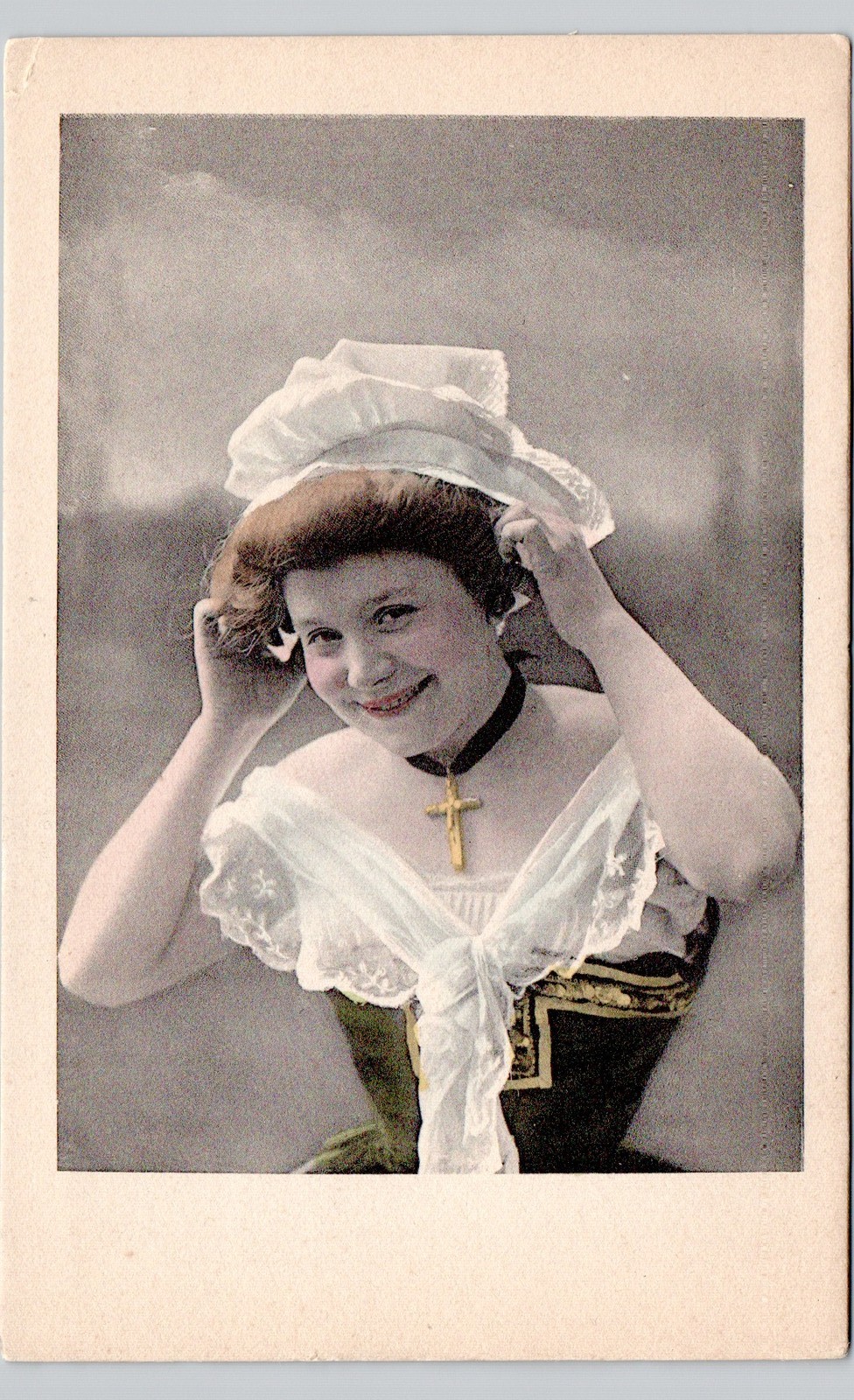 NICE LADY DOMESTIC SERVANT? c1910 postcard portrait woman france crucifix risque