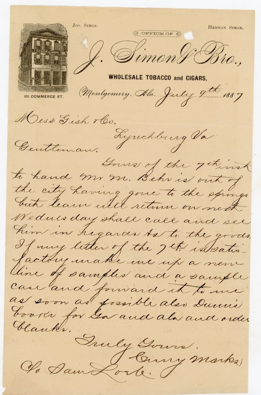 1887 J. Simon & Bro. Montgomery Alabama Wholesale Tobacco & Cigars Letterhead