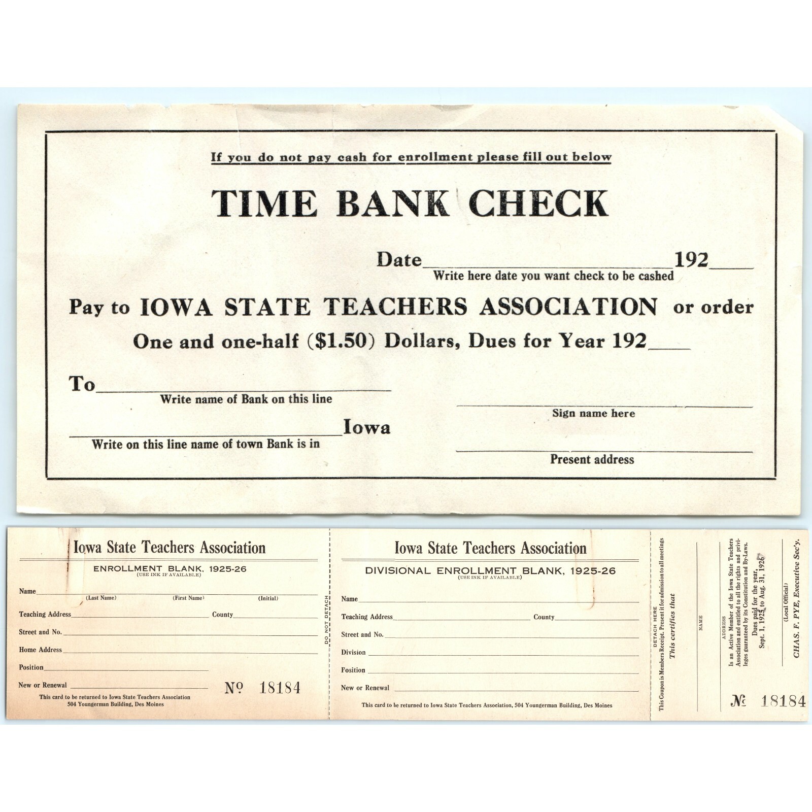 x2 LOT c1925 Iowa State Teachers Association Time Bank Check Enrollment Blank IA