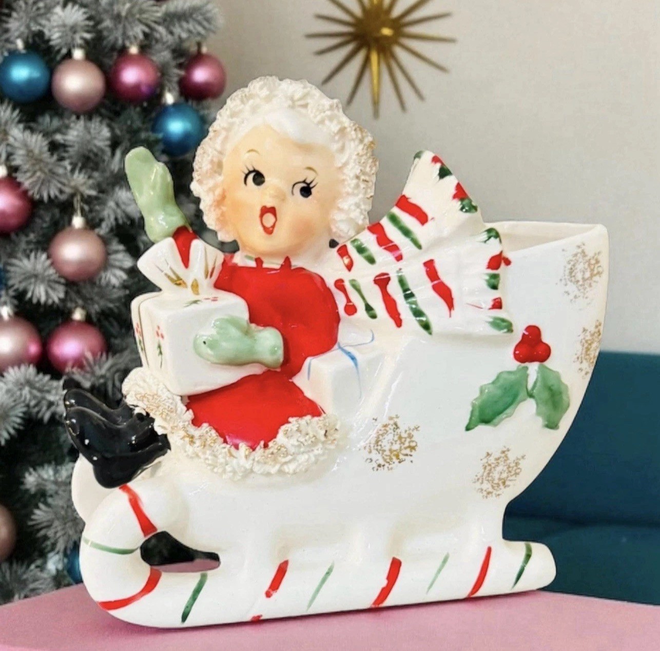 Vintage Napco Christmas Shopper Girl Candy Cane Sleigh Planter Japan MCM
