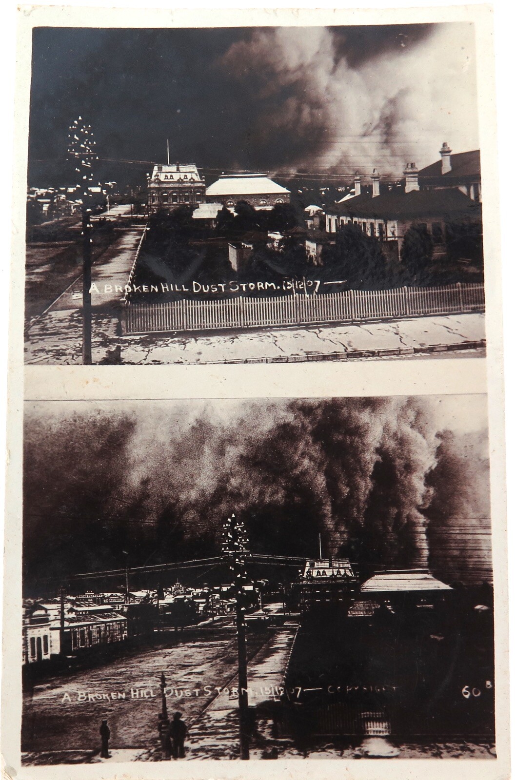 .SUPER RARE 1907 SPLIT VIEW REAL PHOTO POSTCARD BROKEN HILL DUST STORM 15/12/07
