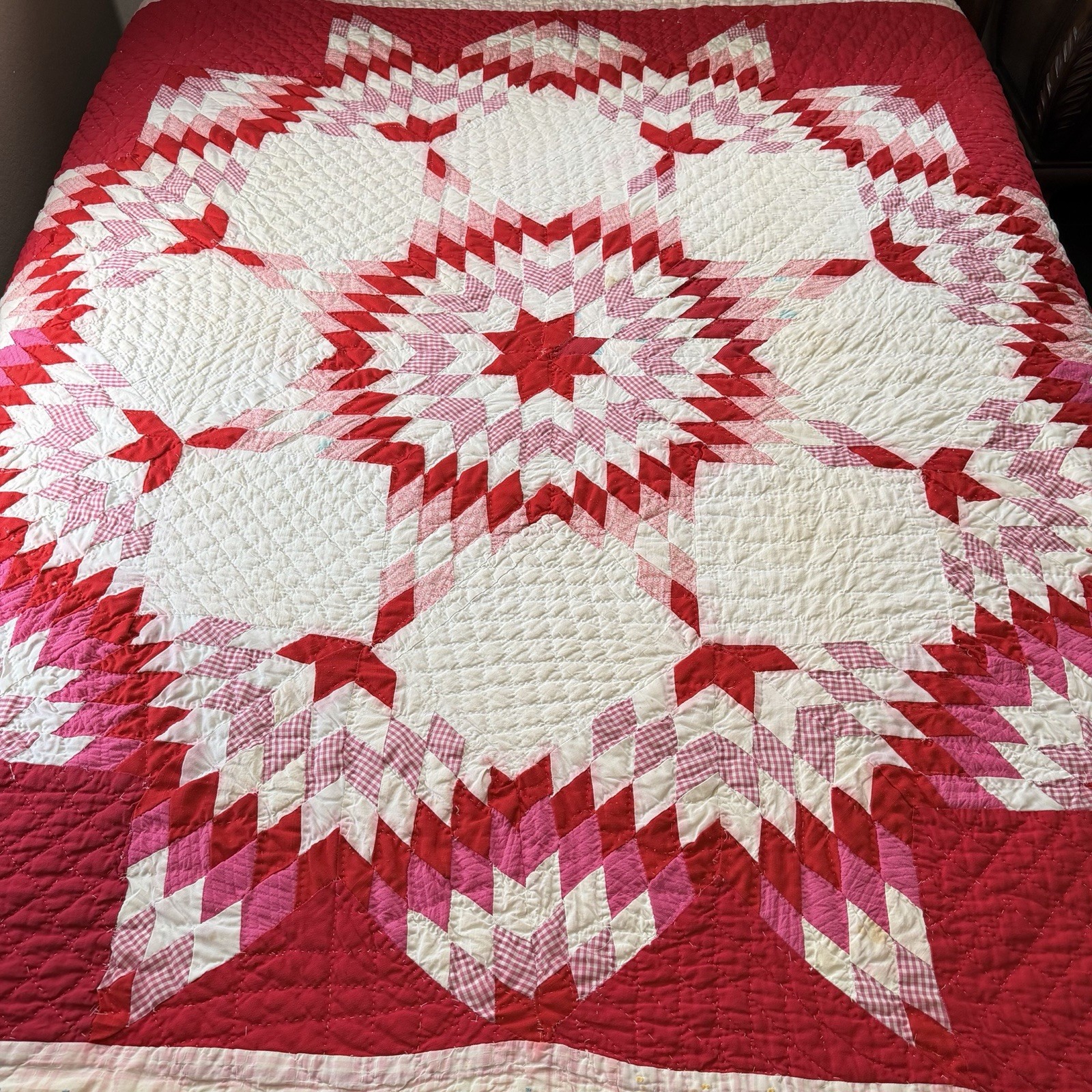 Vintage Handmade Lone Star Quilt 70x80 Red Pink White Hand Quilted 