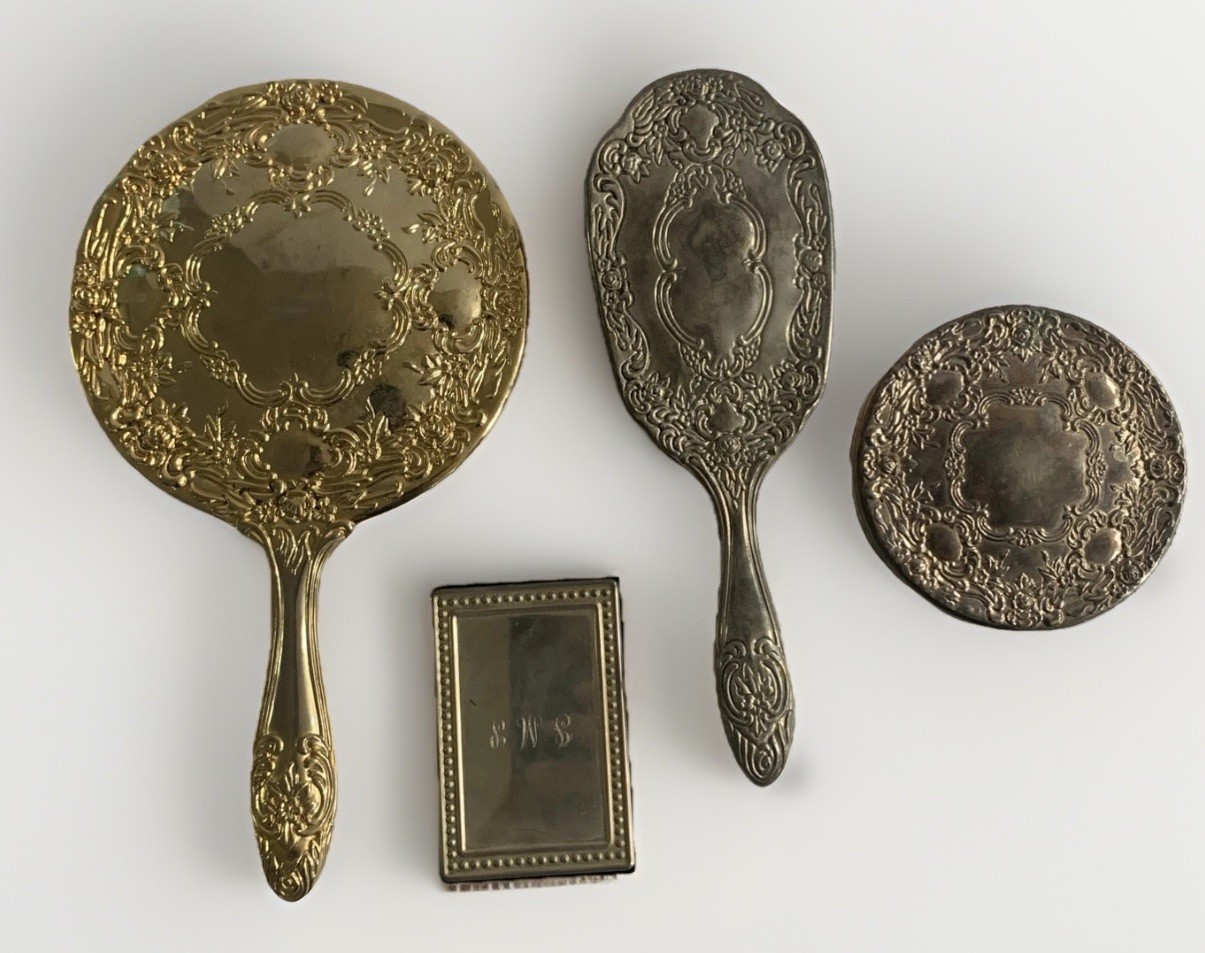 VTG Vanity Set Silver Plated Mirror Brush Address Book Victorian Boudoir Lot /4 VTG Vanity Set Silver Plated Mirror Brush Address Book Victorian Boudoir Lot /4