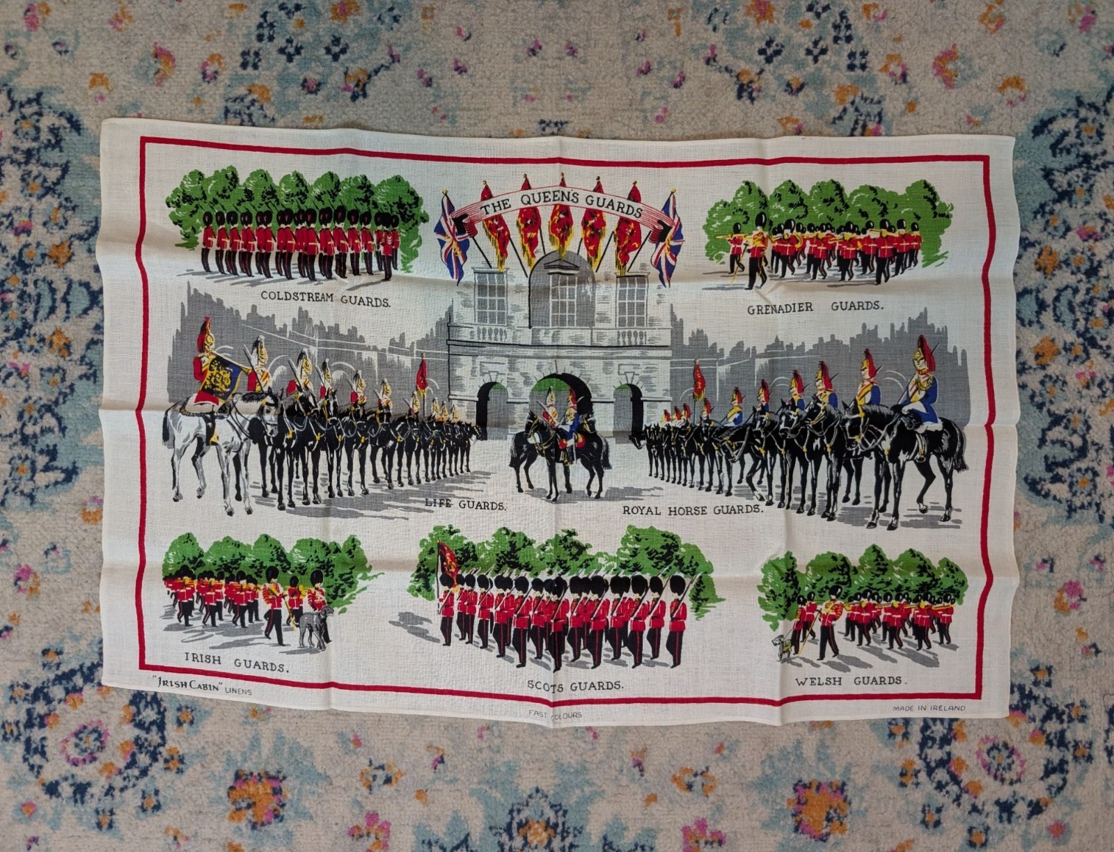 Vintage Mid Century Irish Cabins Linen Souvenir Tea Towel - The Queens Guards