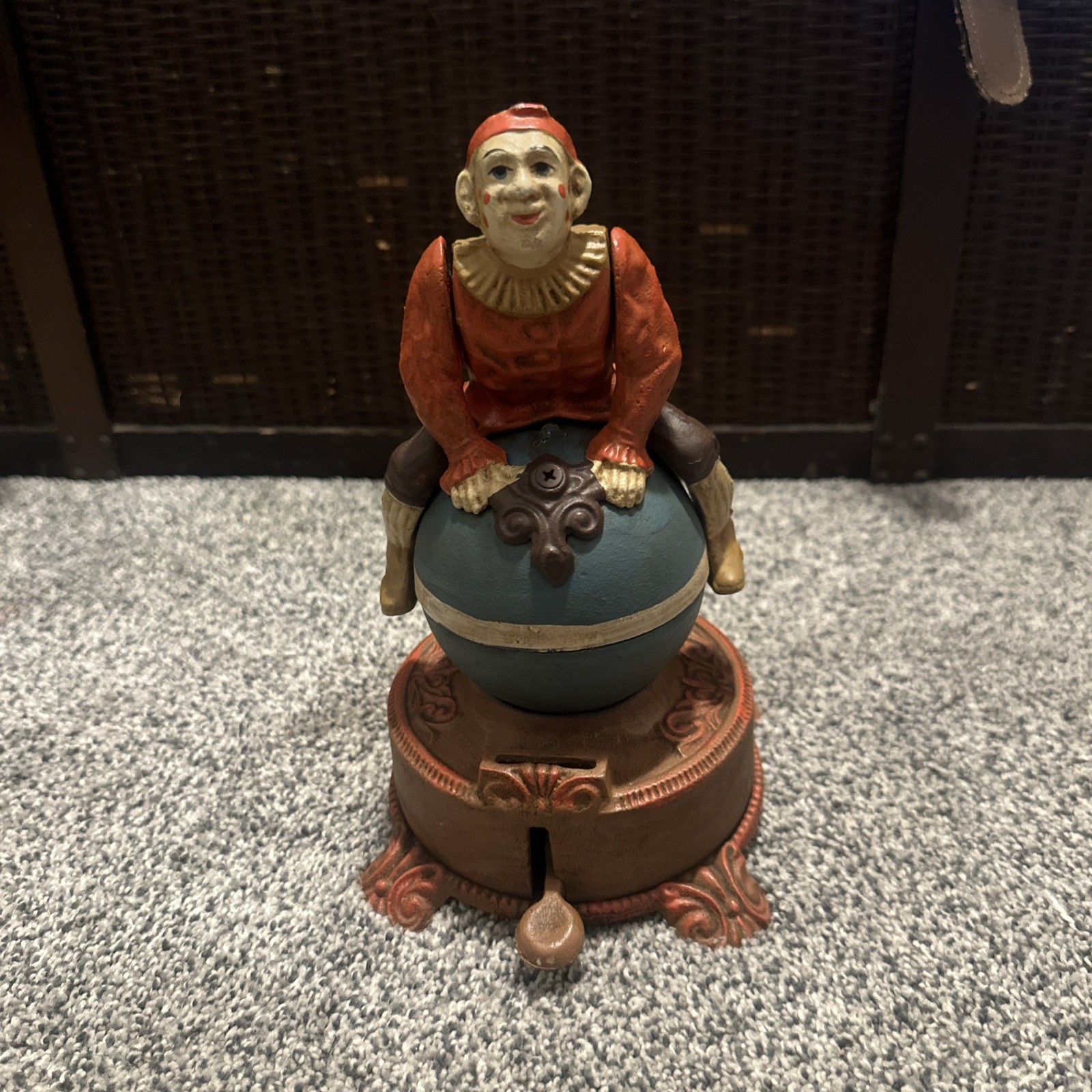 J & E Stevens Replica? Clown on Globe Cast Iron Mechanical Coin Bank Spinning
