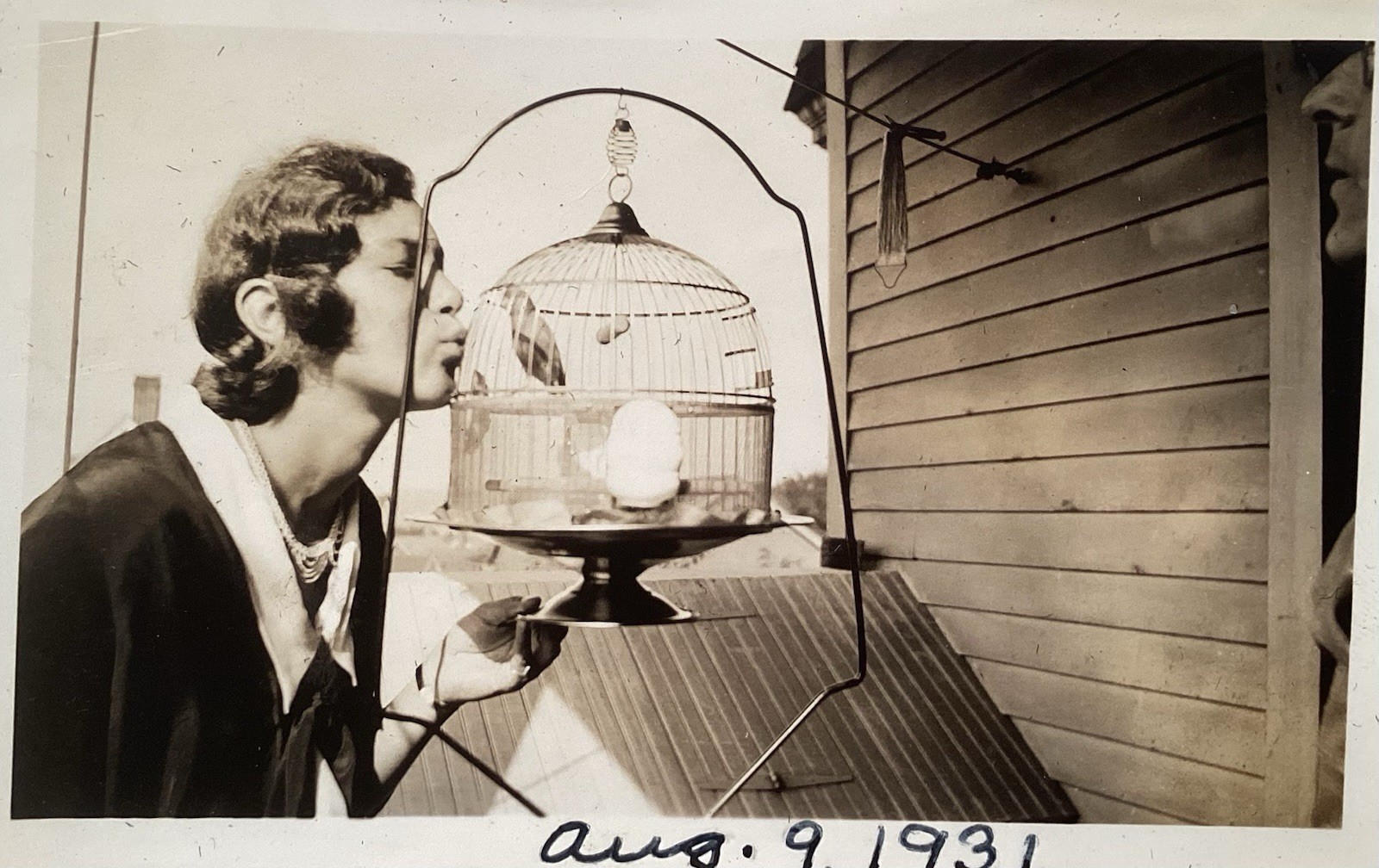 1931 Lovely Young Lady Girl Talks To Parakeet In Birdcage Antique PHOTO LOT 2