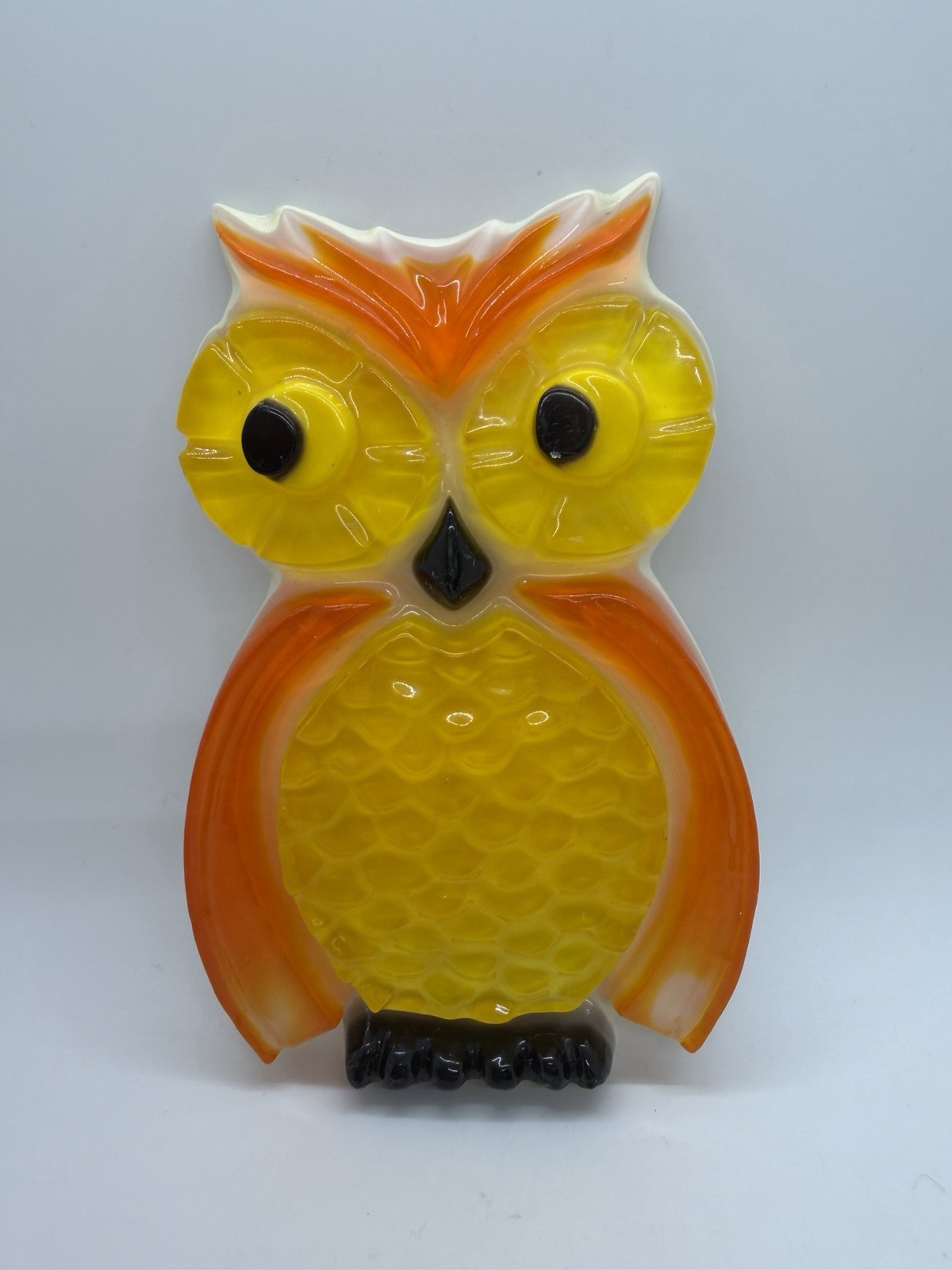 Vintage 70's Retro Lucite Wall Hanging Owl/ Spoon Rest  Orange & Yellow MCM