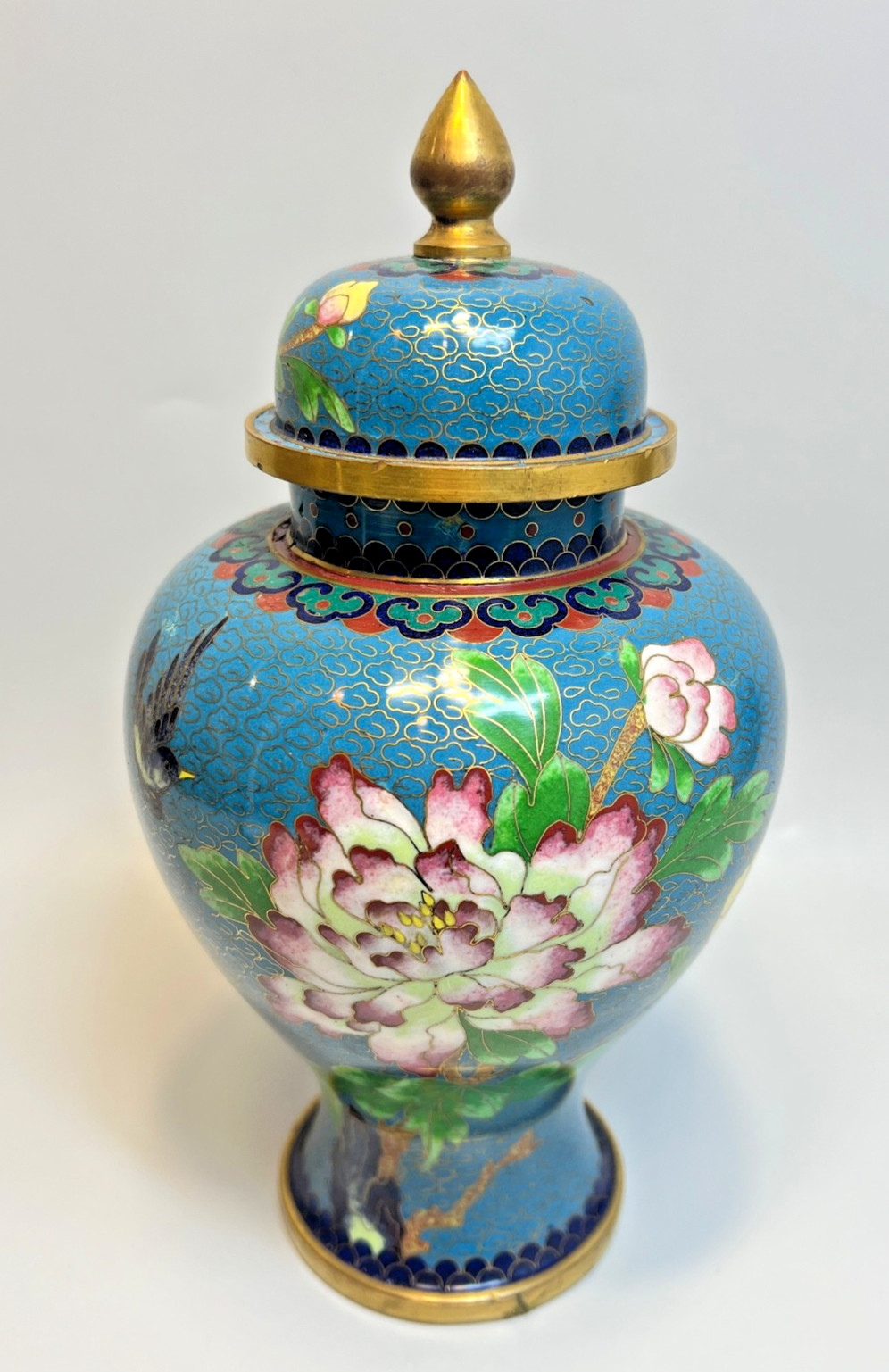 Late Qing Antique Chinese Cloisonné Enamel Ginger Jar Urn Vase w/Lid Peony Birds