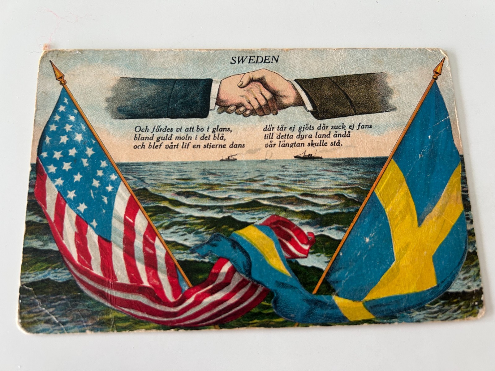 Sweden and United States Flags Handshake over Sea Scene Vintage Postcard