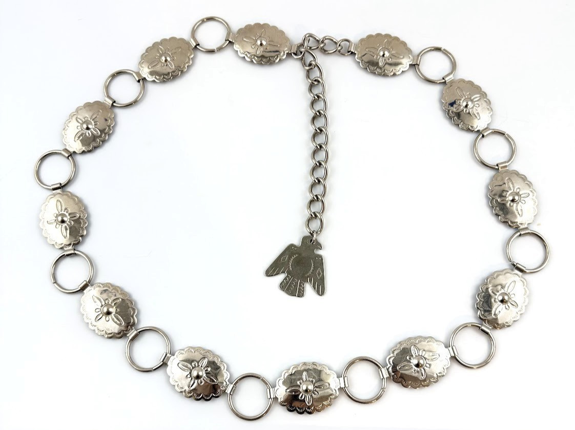 Vtg Southwestern Concho Belt Thunderbird Dangle Silver Tone Western Cowgirl XL