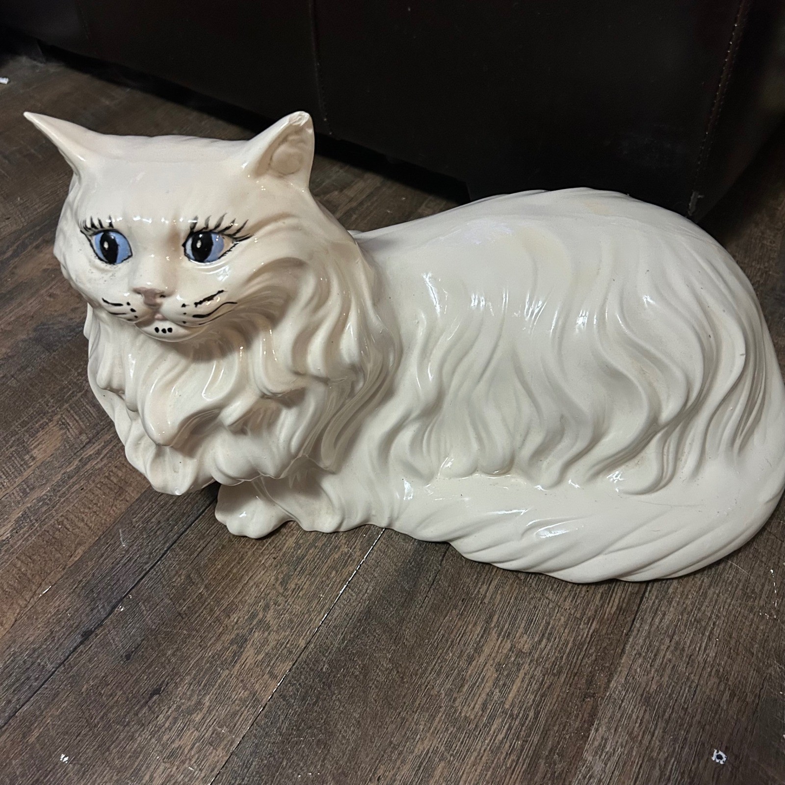 Vintage Large Ceramic Persian Cat Figurine White Blue Eyes 15 Inch Lounging