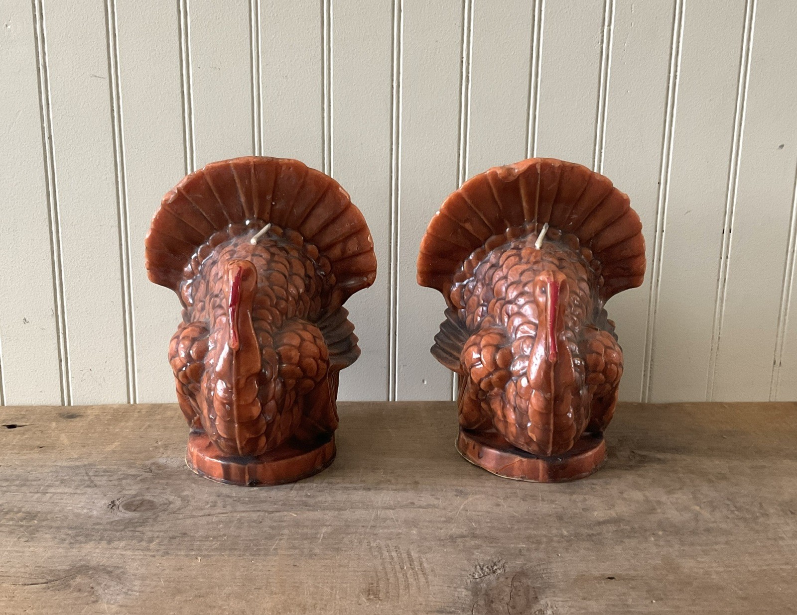Vintage Turkey Candles Pair Retro Mid Century Gurley Wax Figurine, Thanksgiving