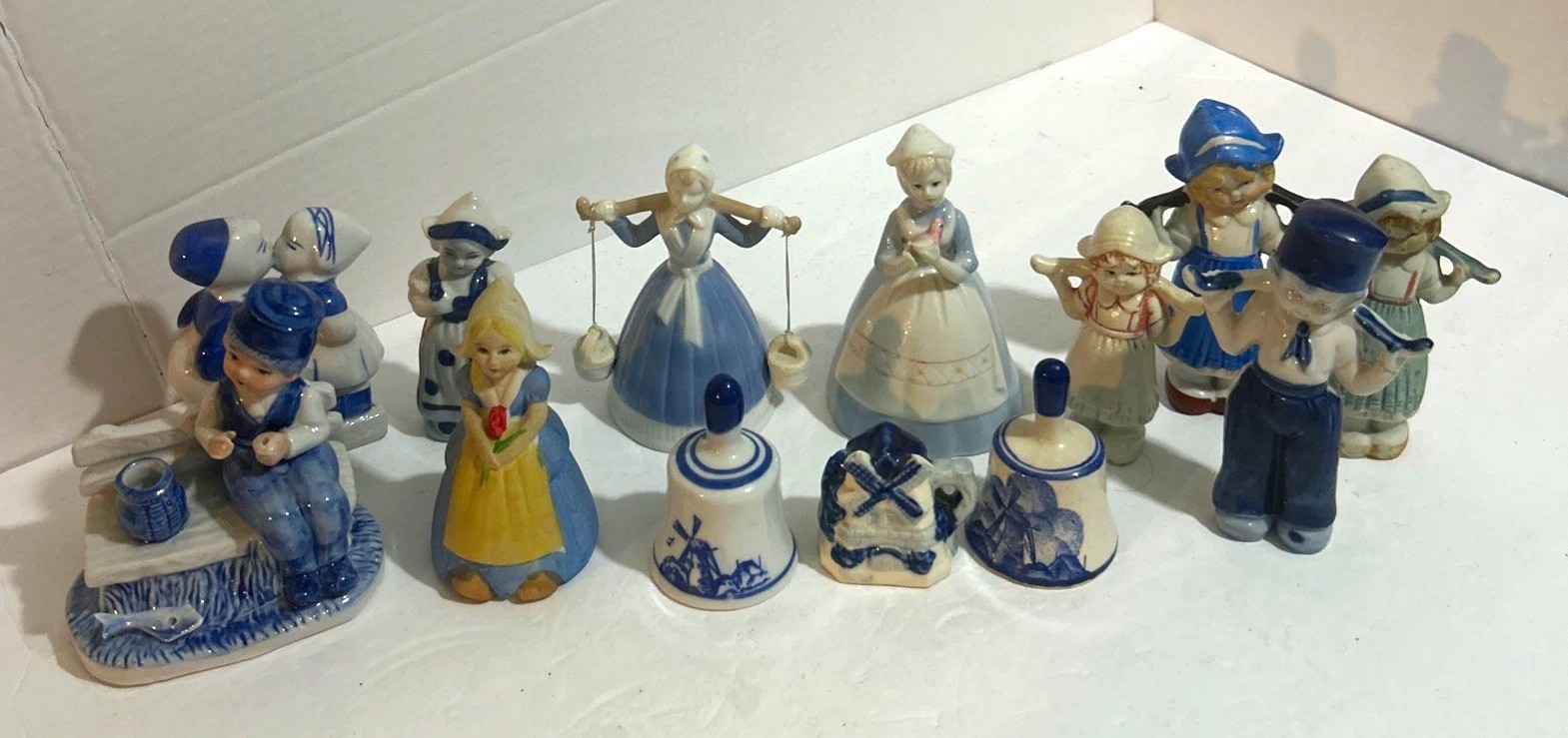 Vintage Delft Blue Holland Dutch Girl Boy Porcelain Figurines & Lot 13 Pc Bell