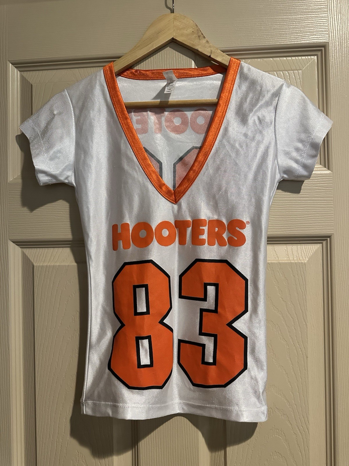 RARE #83 WHITE HOOTERS GIRL UNIFORM COSTUME FOOTBALL JERSEY SIZE XS EXTRA SMALL RARE #83 WHITE HOOTERS GIRL UNIFORM COSTUME FOOTBALL JERSEY SIZE XS EXTRA SMALL