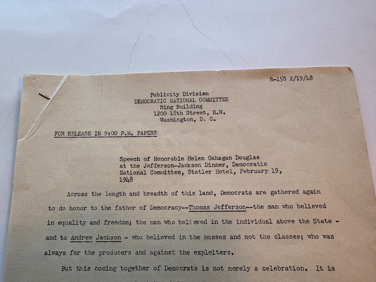Democratic National Committee 2/19/48 Publicity Division Speech News Release