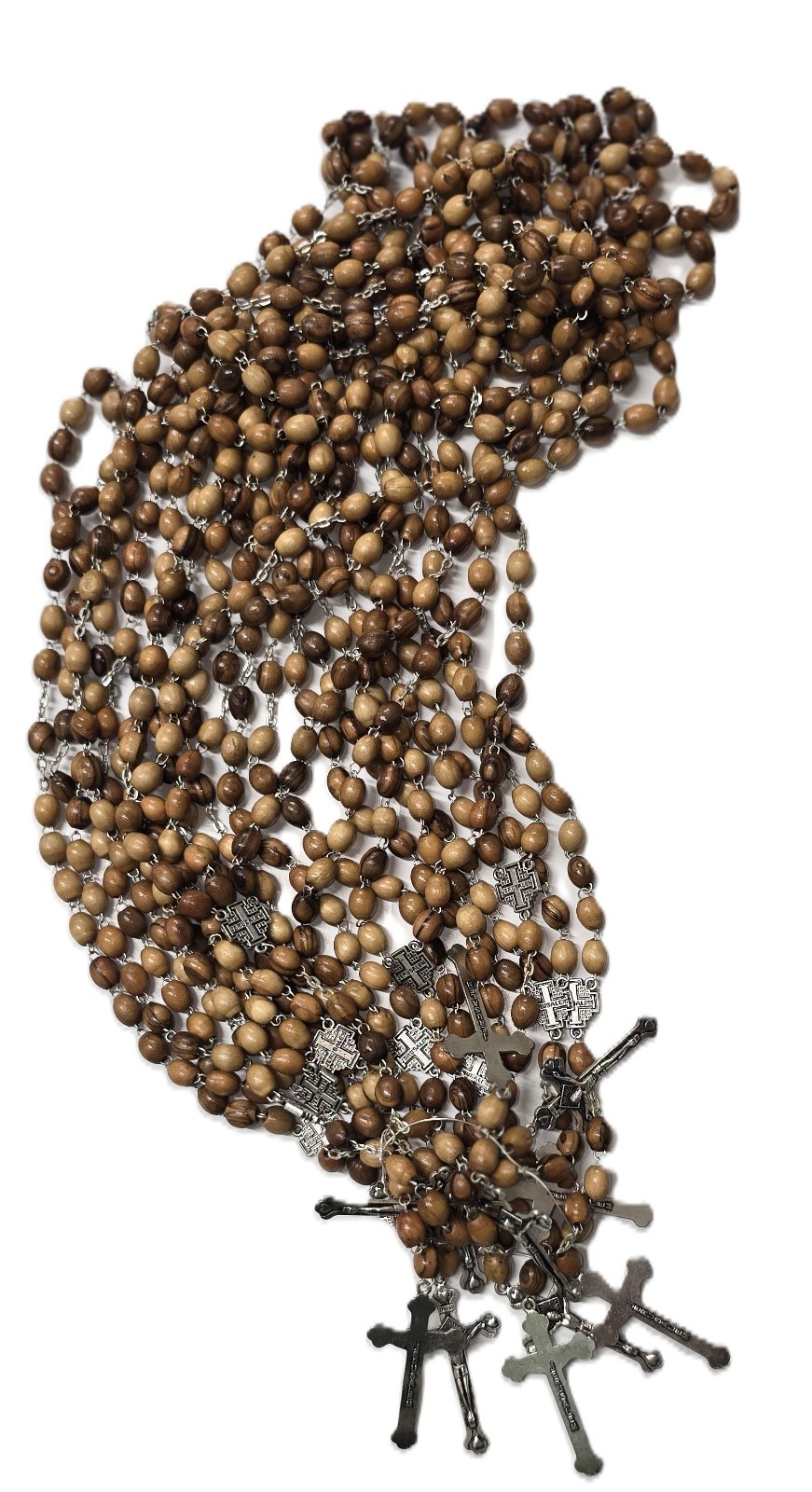 Dozen 12 Olive Wood Rosaries with Jerusalem Cross Centerpiece