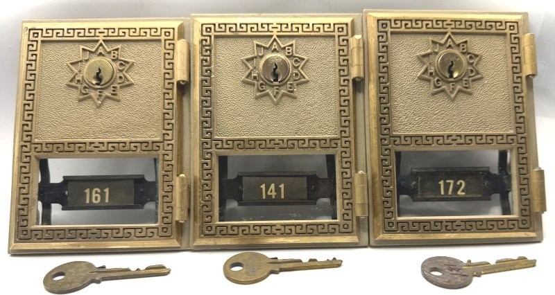 Three Vintage 1960s Post Office US Postal Box Bronze Doors with Keys Three Vintage 1960s Post Office US Postal Box Bronze Doors with Keys