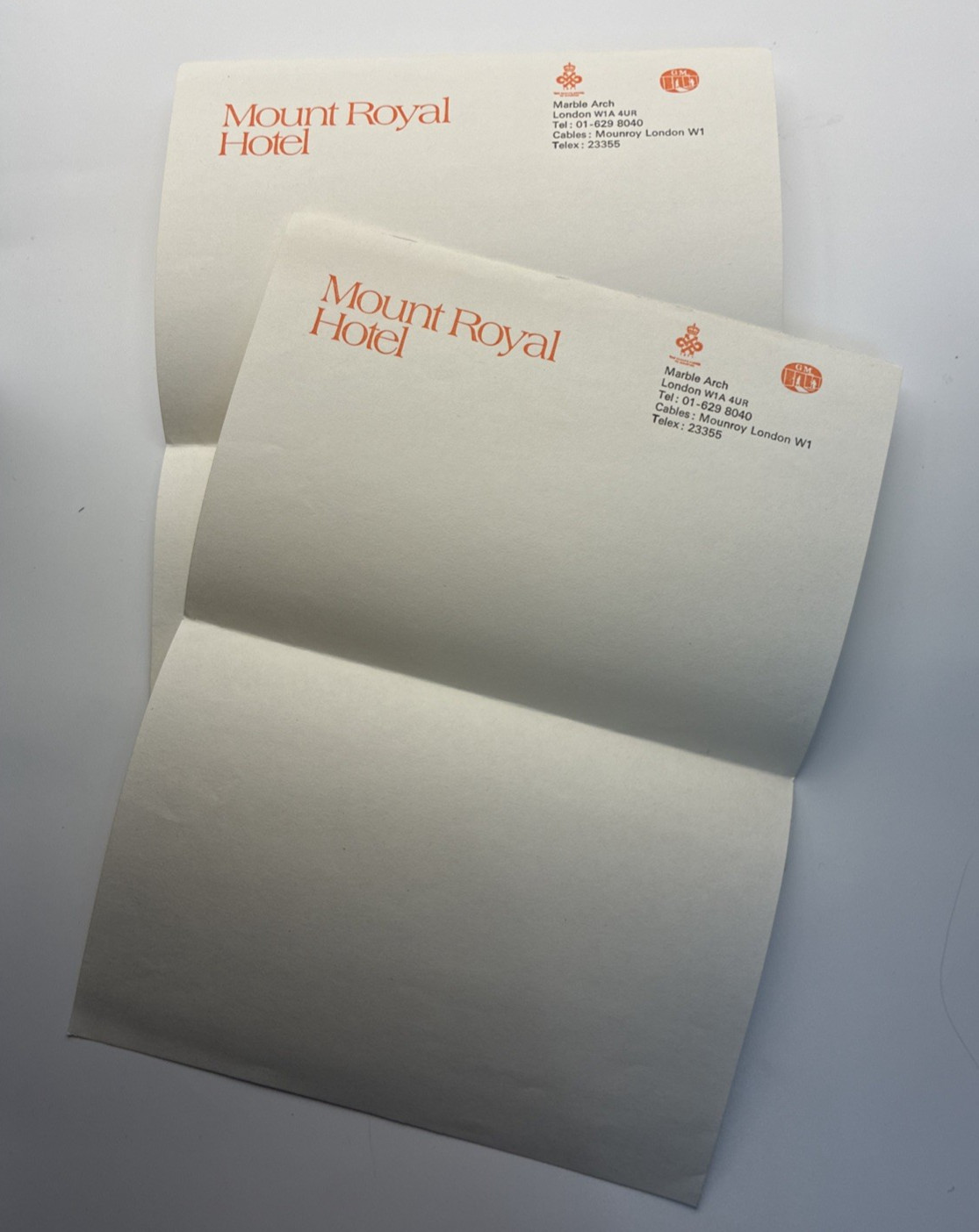2 Vtg 1980s Unused Sheets Mount Royal Hotel Marble Arch London Ecru Stationery