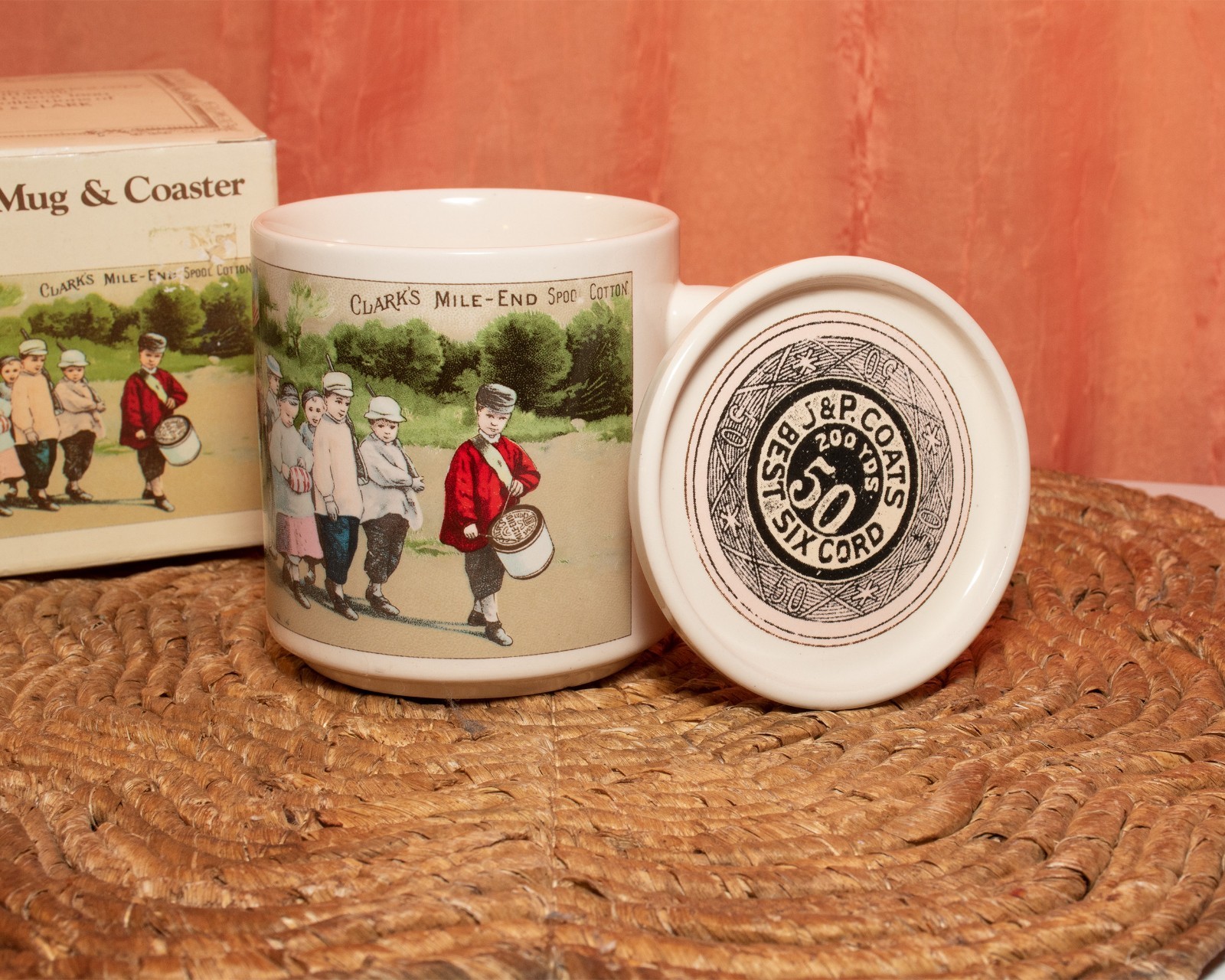 Clark’s Mile End Spool Cotton w J.P. Coats Coaster Ceramic Coffee Mug Cup Clark’s Mile End Spool Cotton w J.P. Coats Coaster Ceramic Coffee Mug Cup
