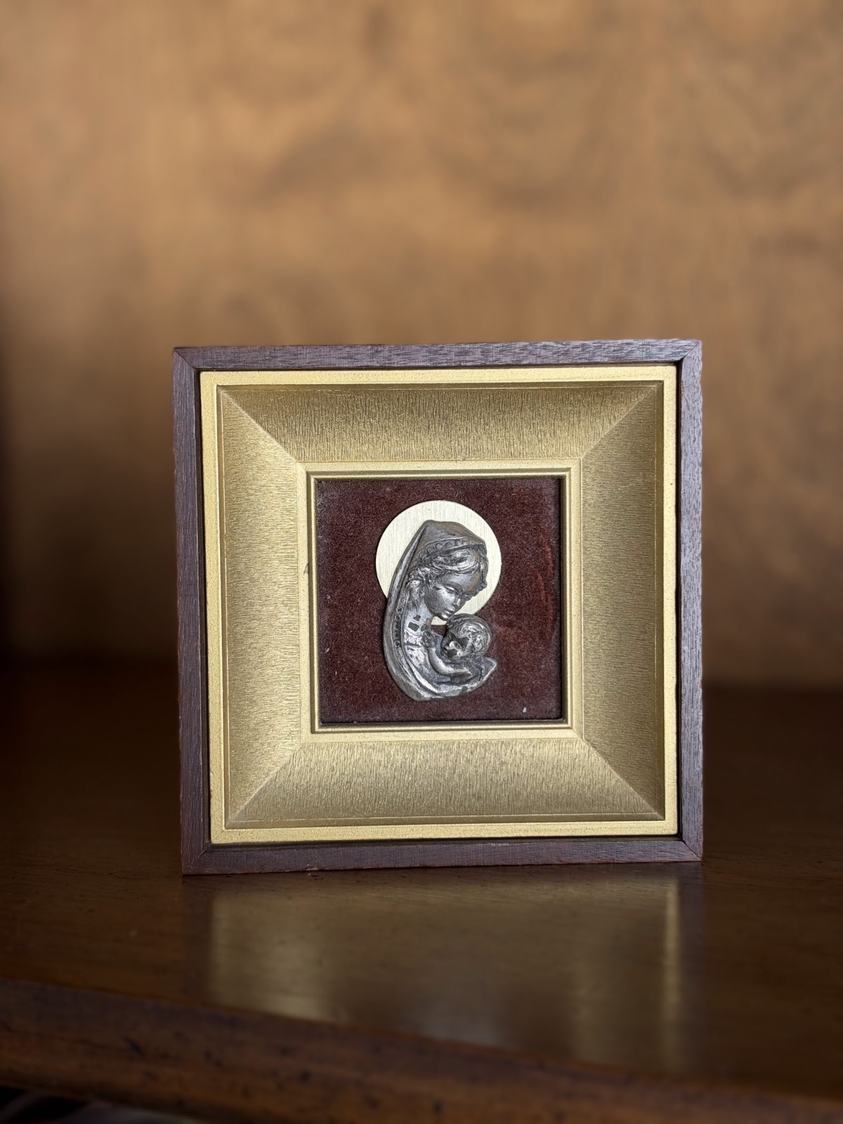 Vintage Gold Frame Madonna & Child Metal Relief Shadow Box Wood Velvet Religious