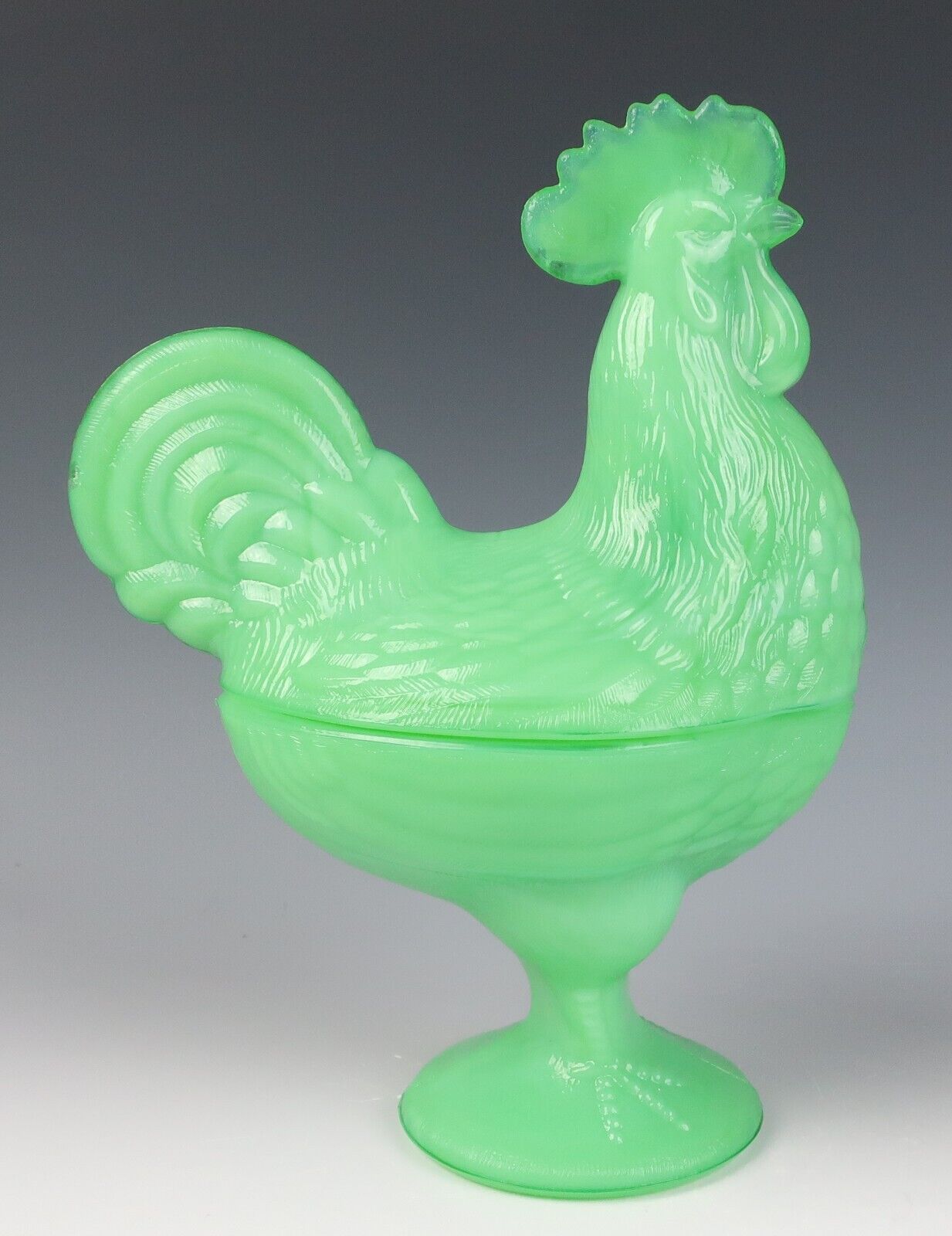 L.E. Smith Martha Stewart Jadeite Standing Rooster Box Covered Dish Green Glass