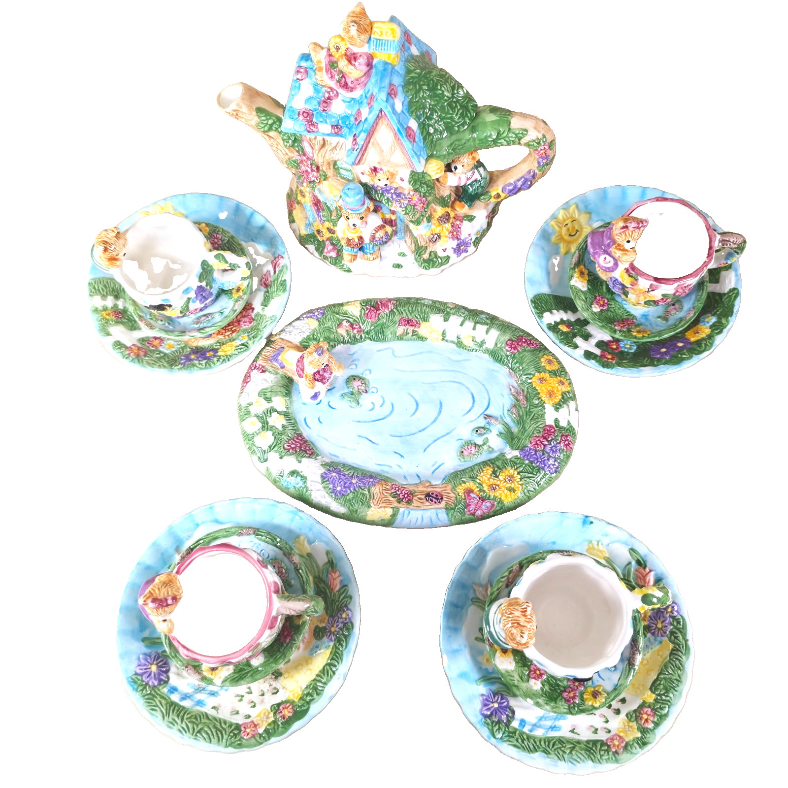 Rare VTG 1996 Hand Painted Mercuries Teddy Bear Picnic Tea Set 14Pcs Service EUC Rare VTG 1996 Hand Painted Mercuries Teddy Bear Picnic Tea Set 14Pcs Service EUC