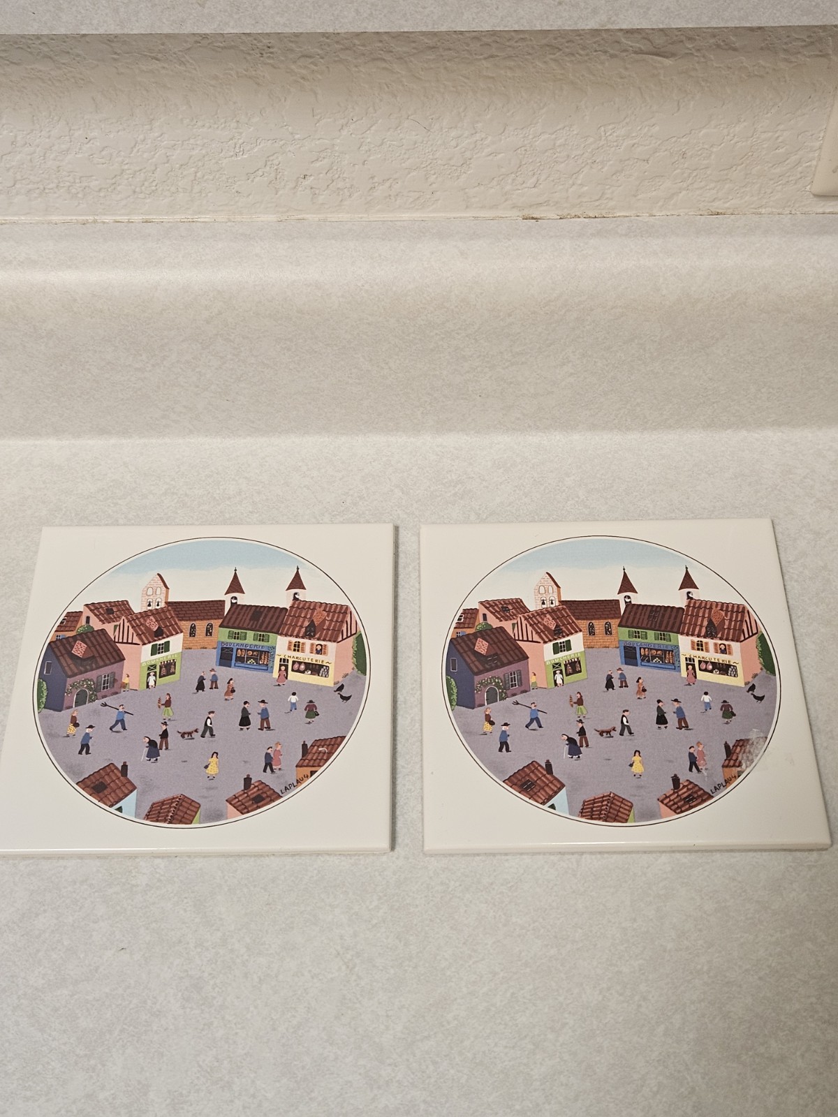 Vintage Villeroy & Boch Porcelain Tile Trivet  Village Square Motif Lot Of 2