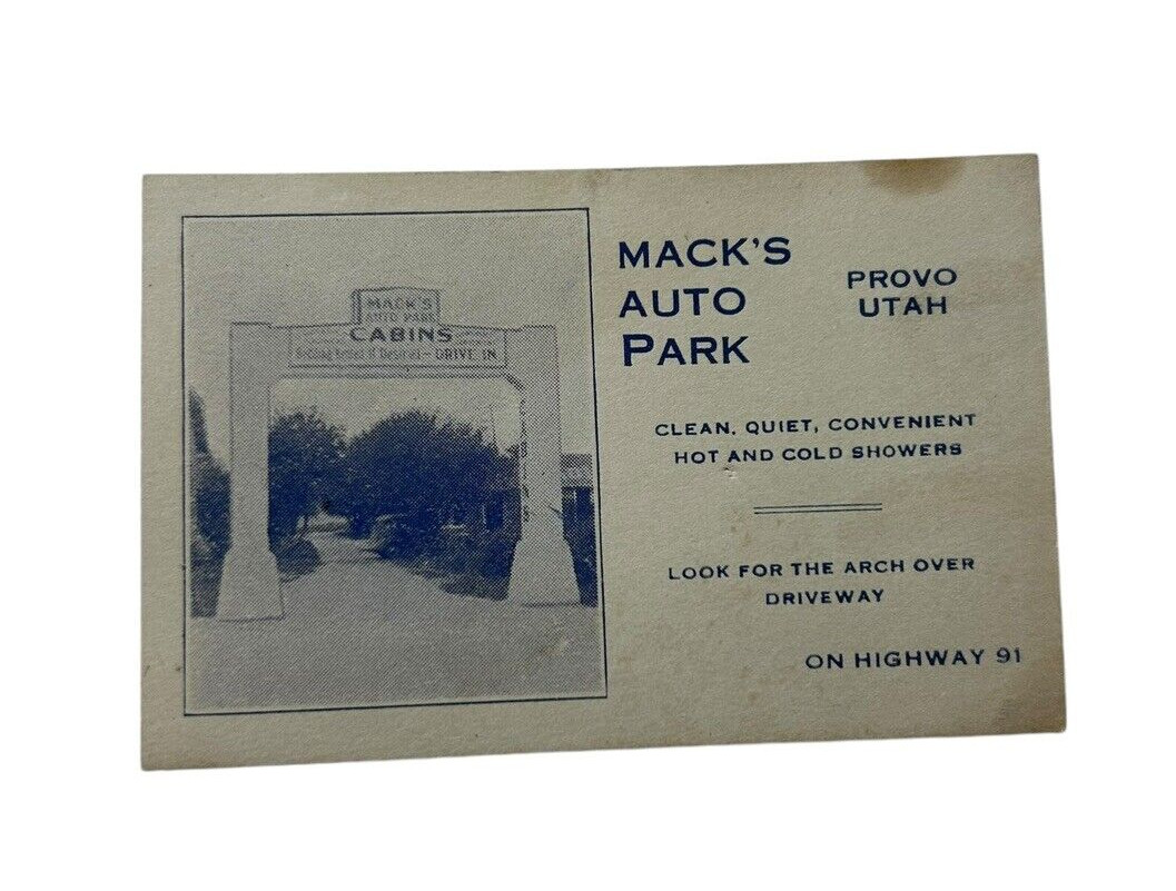 Vtg MACK'S AUTO PARK PROVO UTAH Hot &Cold Showers Advertising Business Card RARE