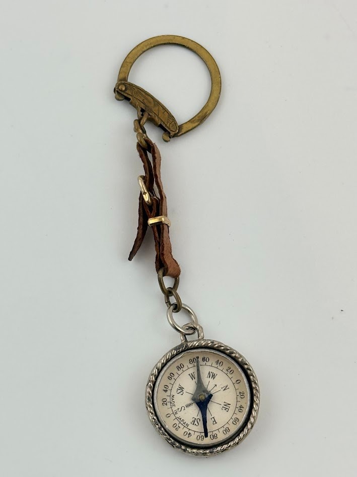 Vtg Japan Mini Compass Keychain Leather Strap Brass Tone Travel Navigation