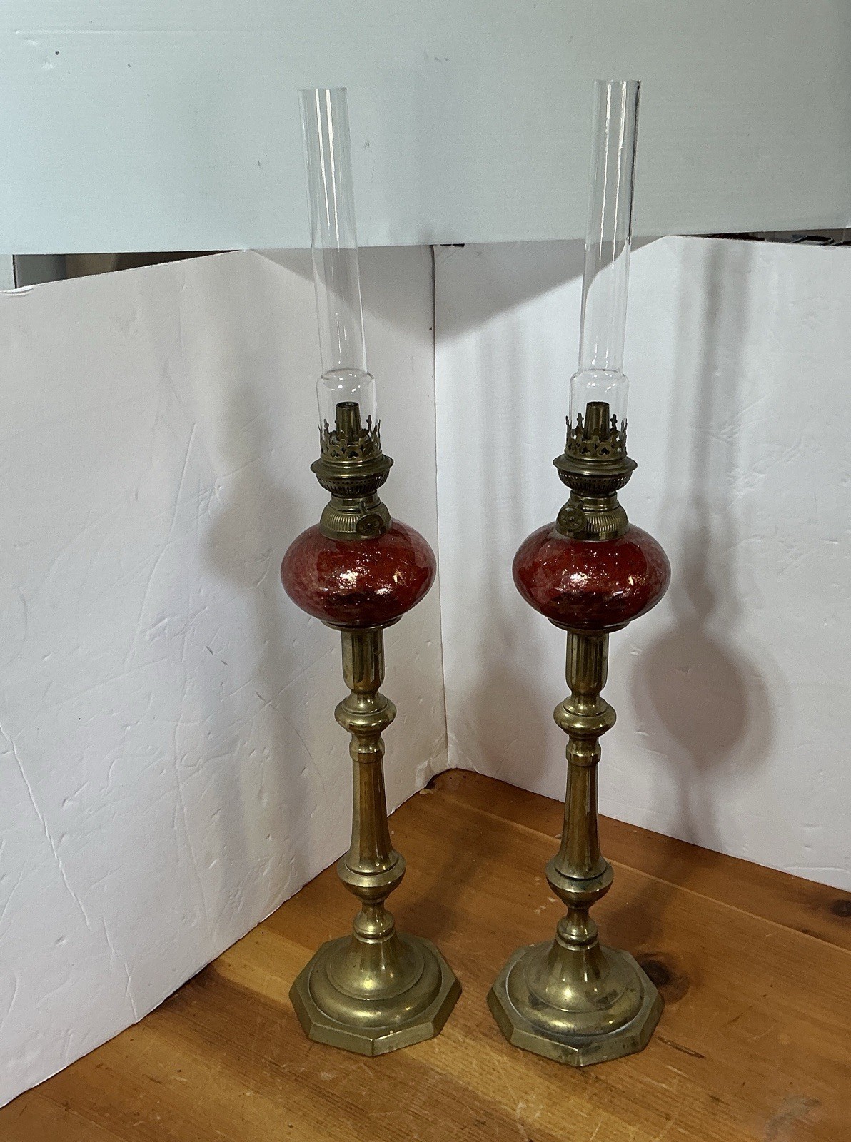 2 Antique Peg Oil Lamps Loetz Glass ? Pushup Candlestick Brass 24\
