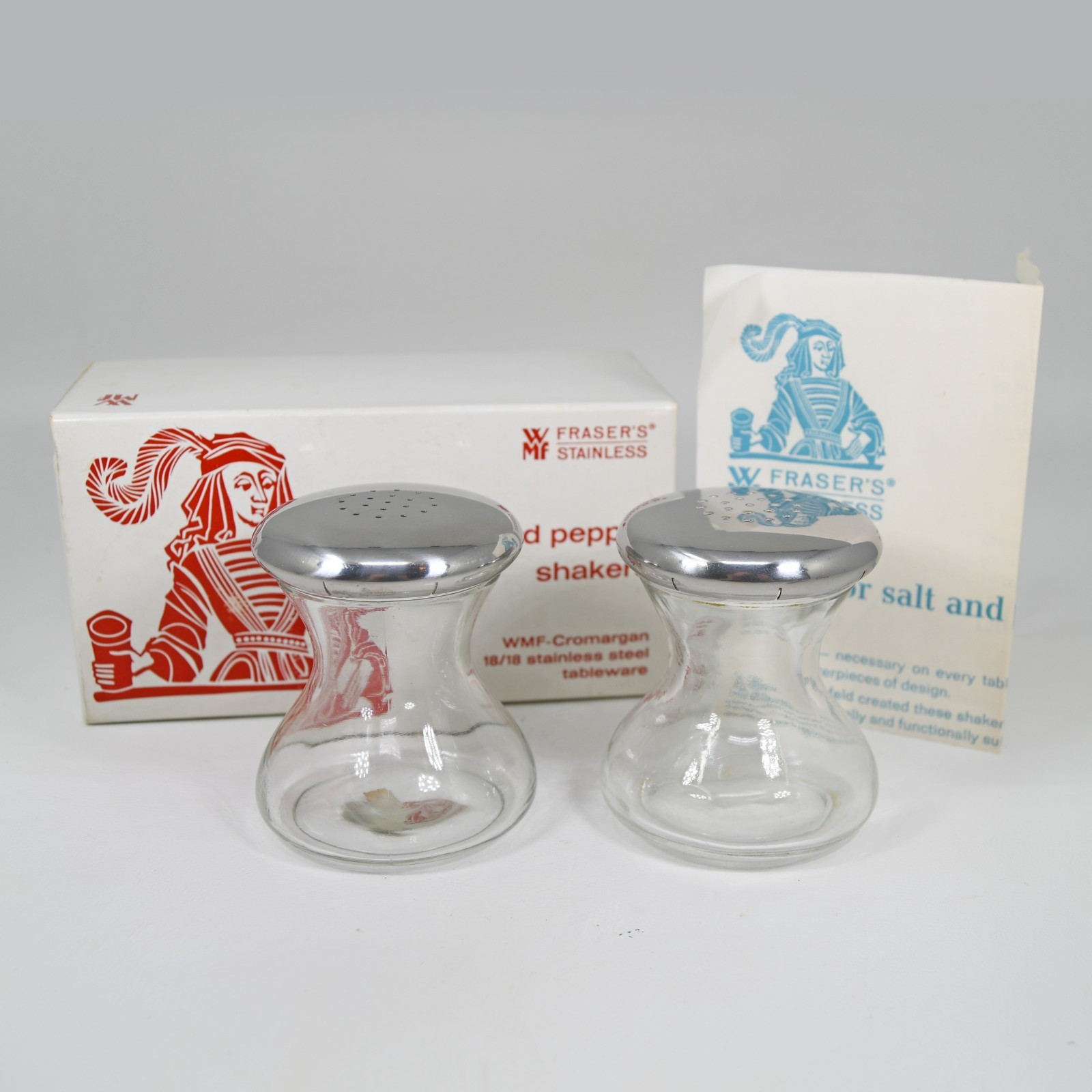 VTG WMF-Cromargan Fraser\'s 18/18 Stainless Steel Glass Salt Pepper Shakers #6057 VTG WMF-Cromargan Fraser\'s 18/18 Stainless Steel Glass Salt Pepper Shakers #6057