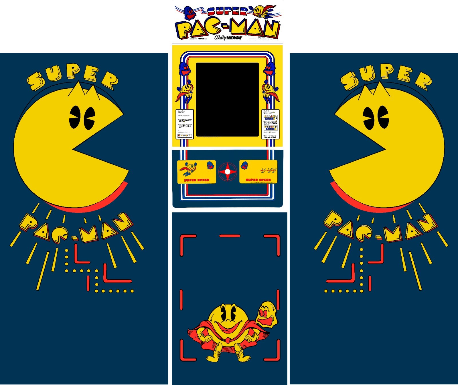 Super Pac Man Arcade Side Art Full Set 6pc Artwork Textured CPO Complete Kit Super Pac Man Arcade Side Art Full Set 6pc Artwork Textured CPO Complete Kit