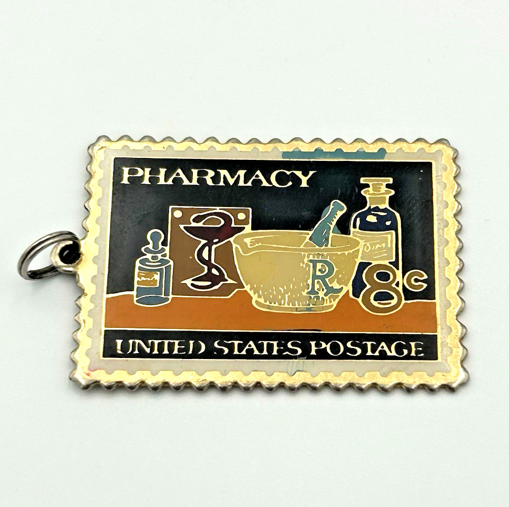 Vintage USPS Pharmacy Stamp Keychain Barr Laboratories Pharmaceutical Promo