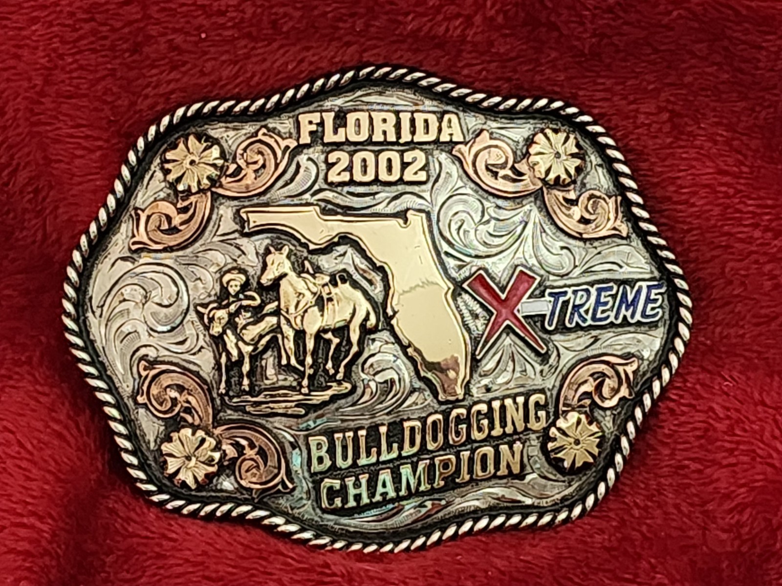 Rodeo☆2002☆Bulldogging X-TREME Champion Trophy Buckle☆FLORIDA☆Rare☆W15
