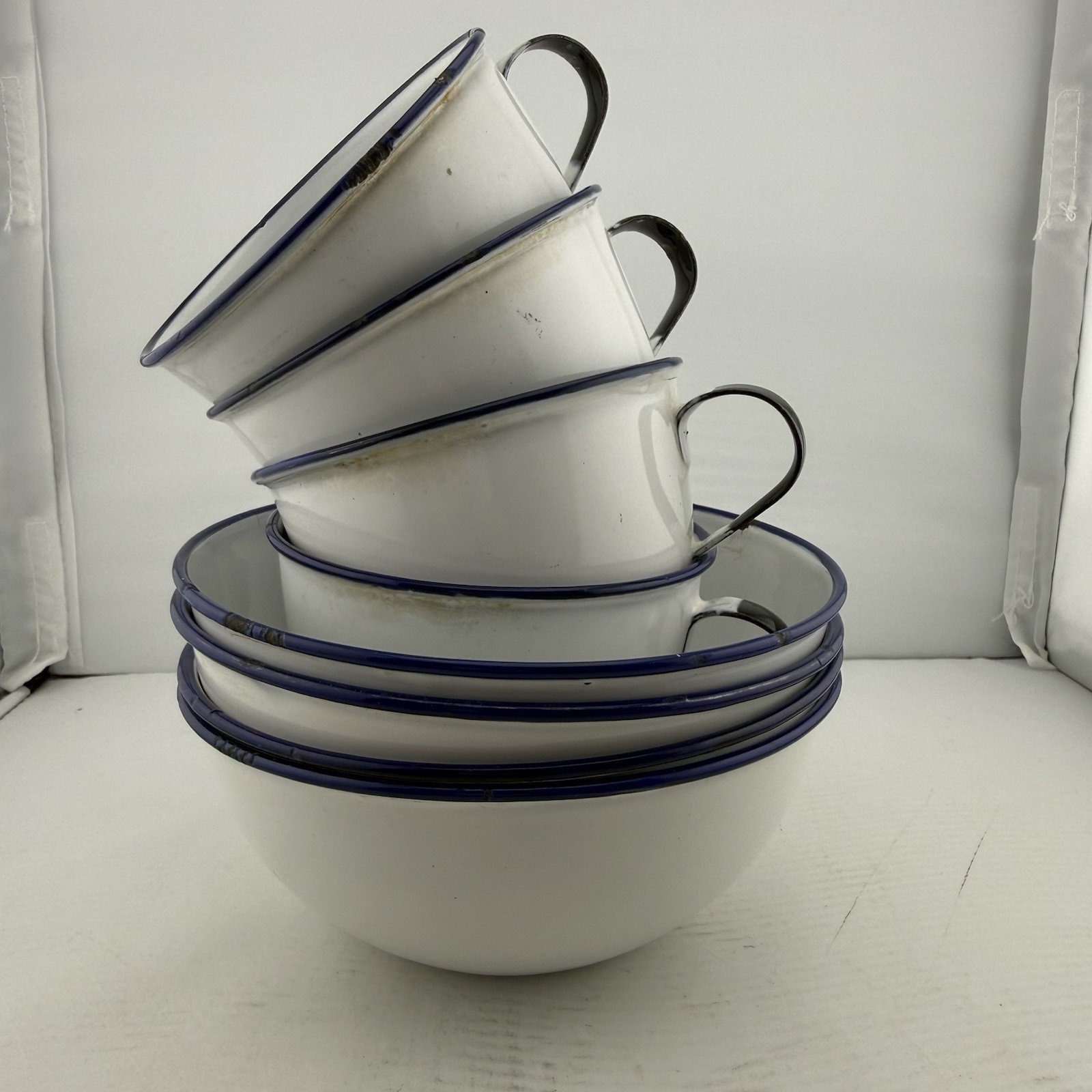 Vintage Kockums KER Sweden Enamelware 8 Pc Set 9cm Cups 14cm Bowls Blue White