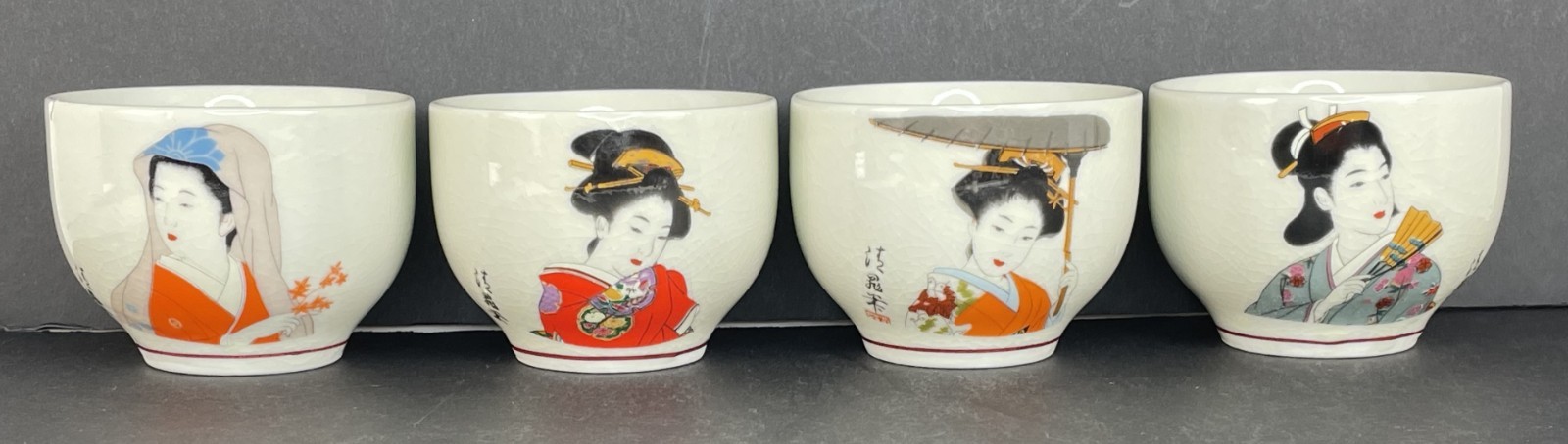 VTG Japanese Porcelain Geisha Sake Cups Ochoko Hand Painted Kimono Set of 4