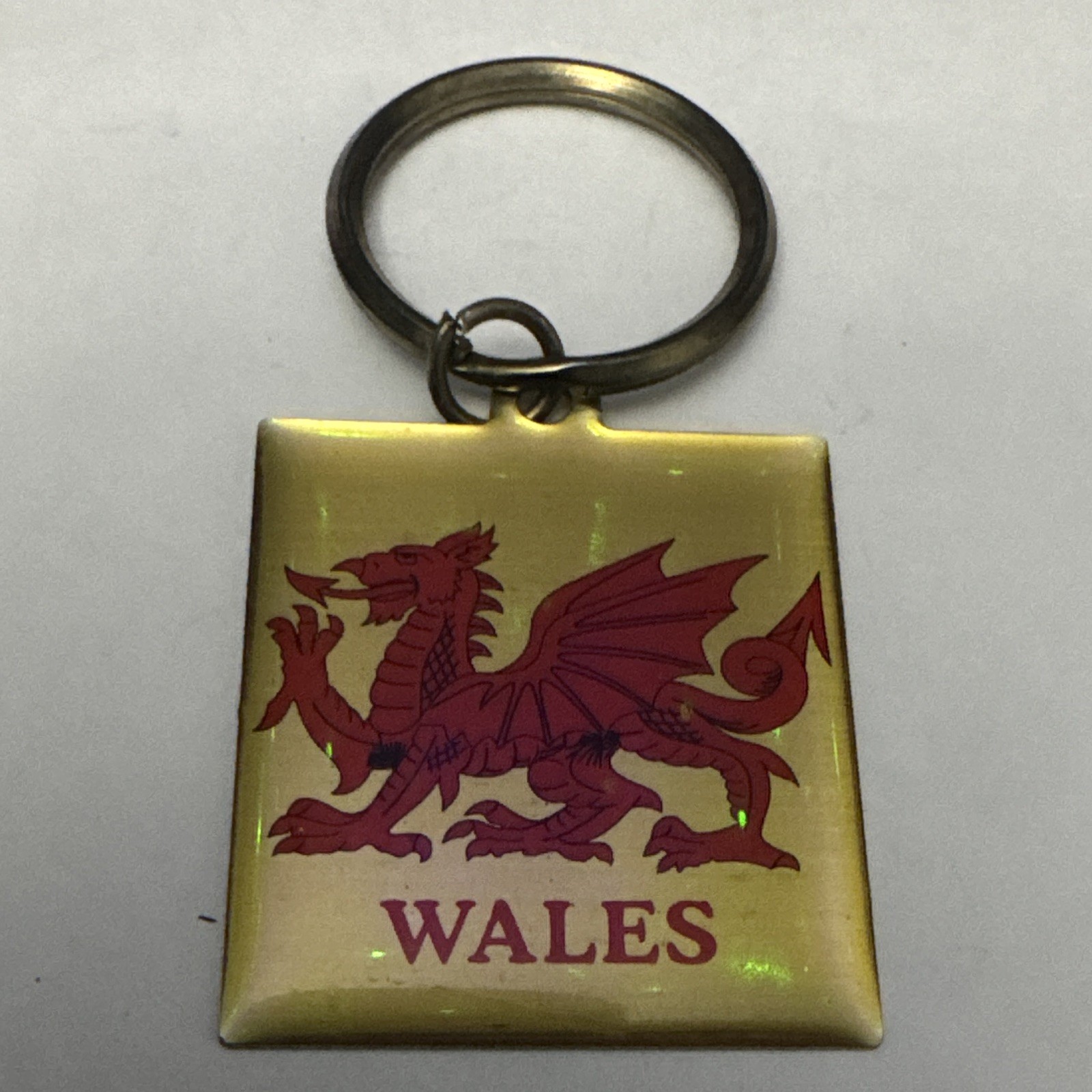 Wales Welsh Red Dragon Square Metal Keyring Keychain Gold Tone