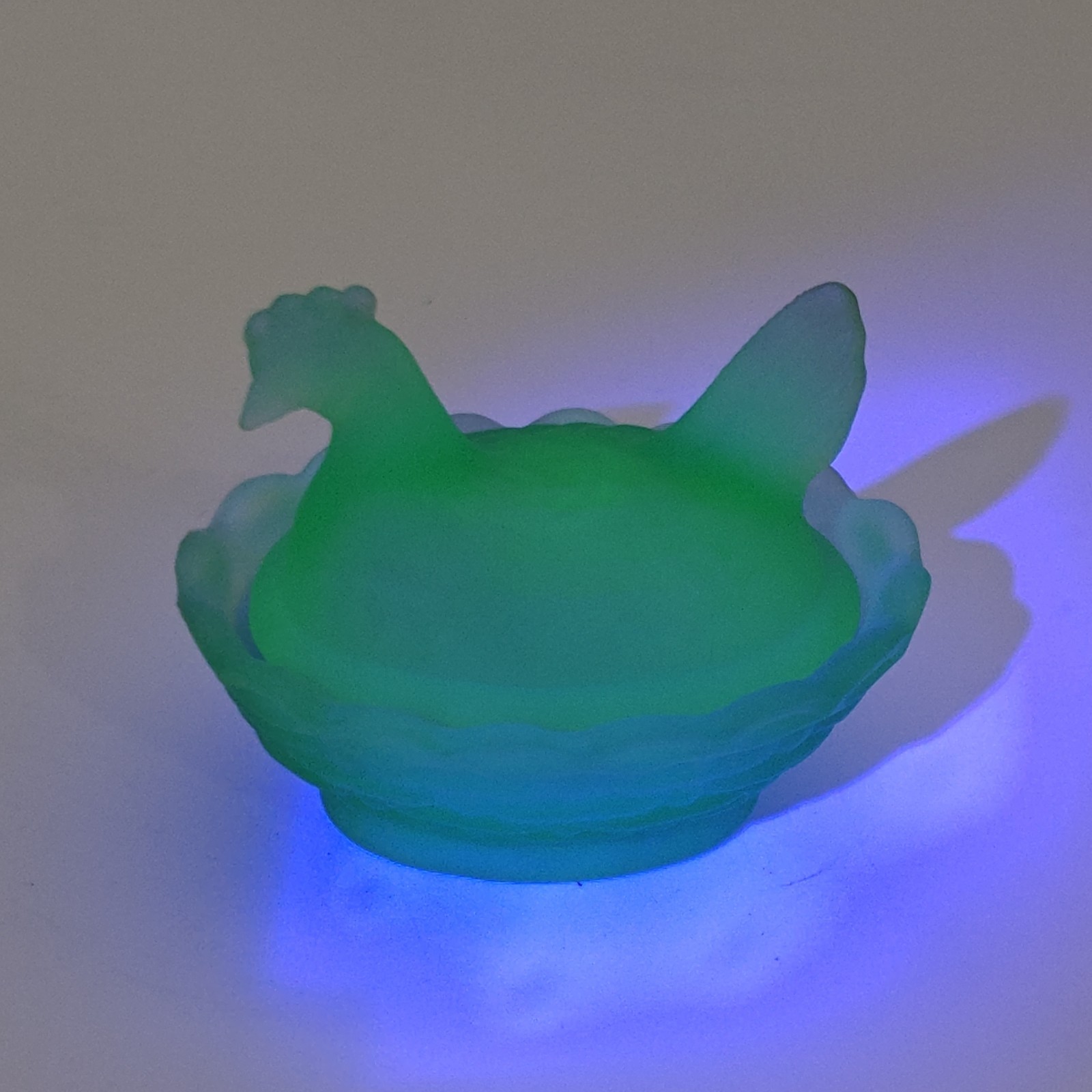 Boyd Pale Blue Uranium Satin Glass Mini Hen on Nest  Salt Cellar Glows 2.5