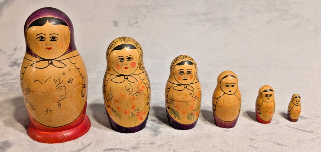 Vintage 1966 Russian Matryoshka Nesting Dolls Set of 6 Wooden Hand Painted 7.25 Vintage 1966 Russian Matryoshka Nesting Dolls Set of 6 Wooden Hand Painted 7.25