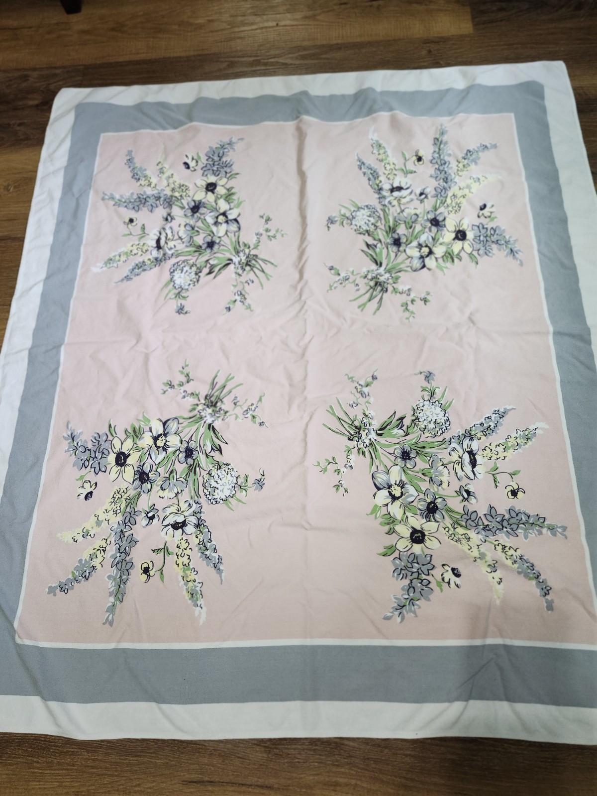 VTG 48 X 43 Tablecloth Pink, Grays And Whites