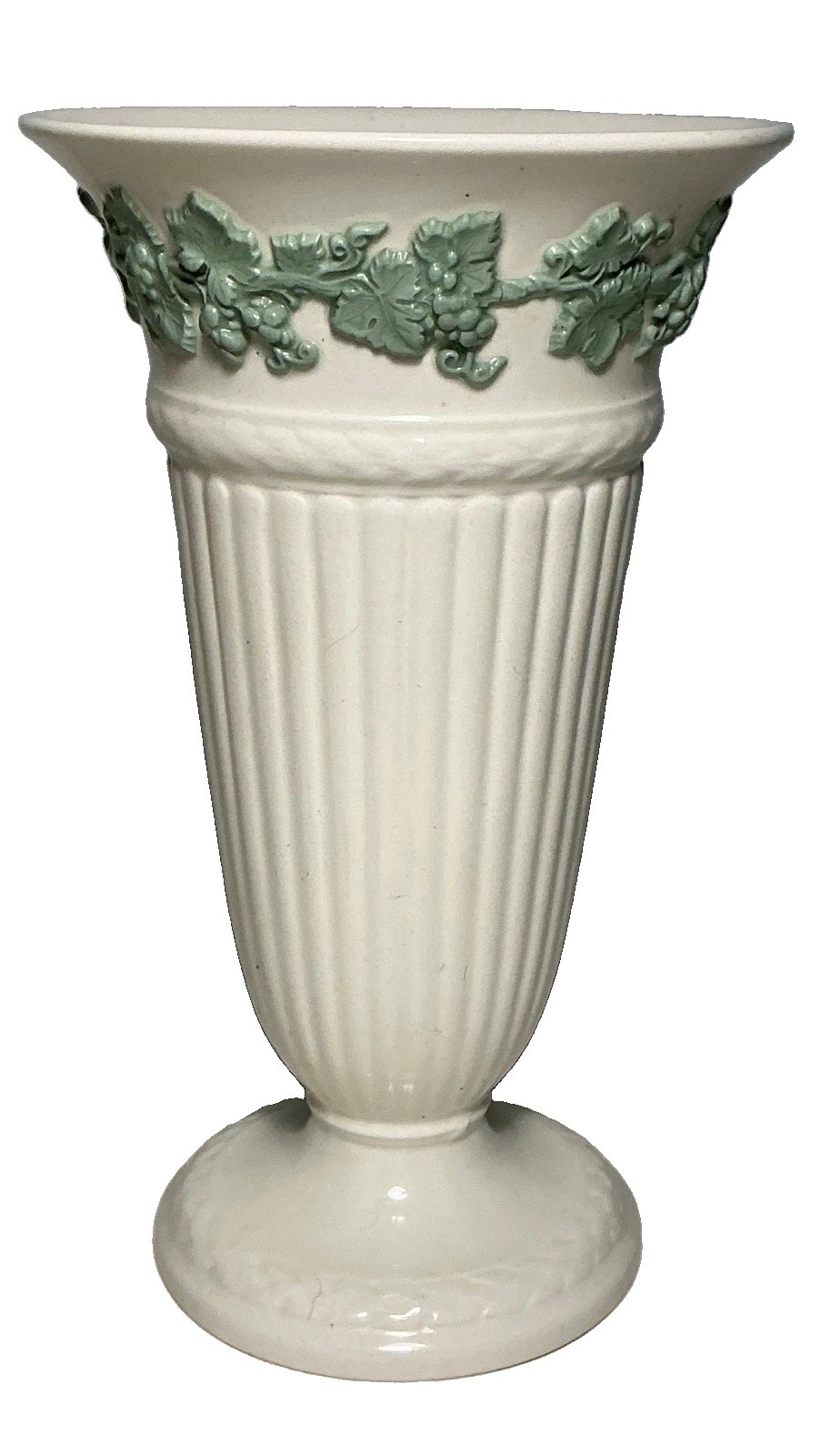 Vintage Wedgwood Celadon on Cream Embossed Ivy Queen's Ware Vase 6.75 in.