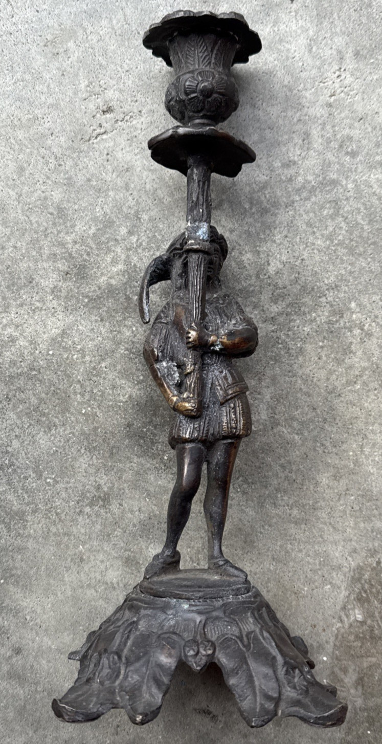 1850s Antique Bronze Ornate Gentlemen Figural Candlestick 11