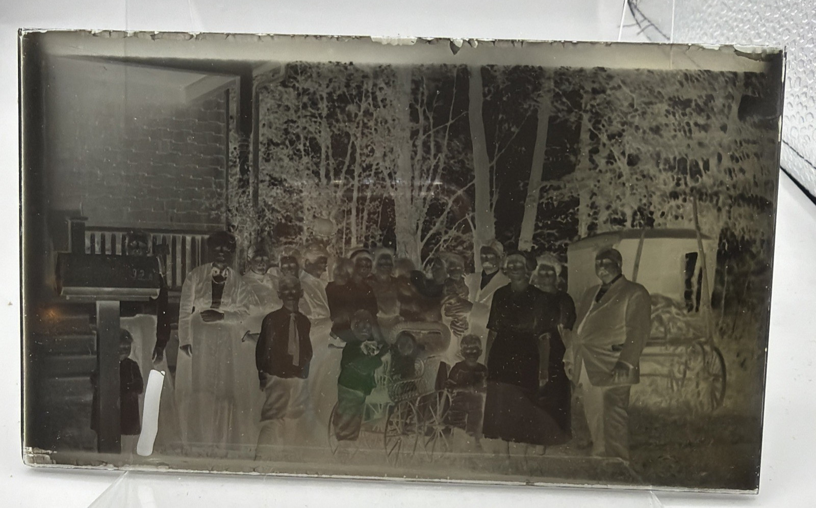 Antique Glass Negative Large Family Dressed Up Baby Stroller Carriage Wagon