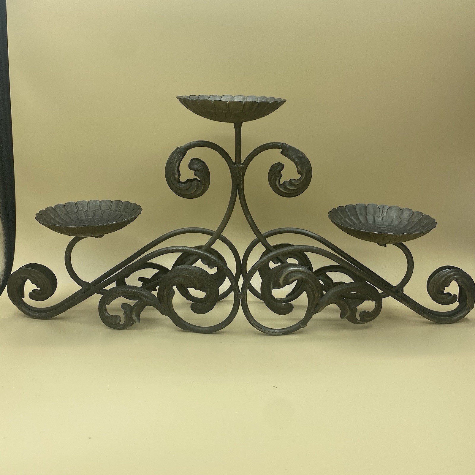 VTG Handcrafted Scrollwork Tin Metal 3 Candle Holder Ornate Table Centerpiece