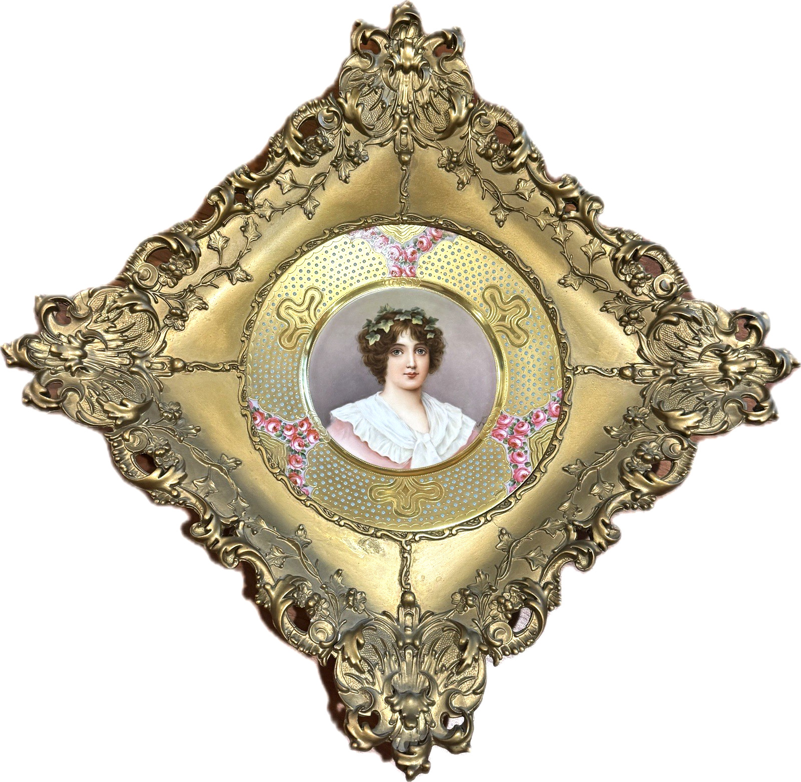 Antique Royal Vienna Style Wagner Signed Portrait Cabinet Plate IVY w/ Lg Frame Antique Royal Vienna Style Wagner Signed Portrait Cabinet Plate IVY w/ Lg Frame