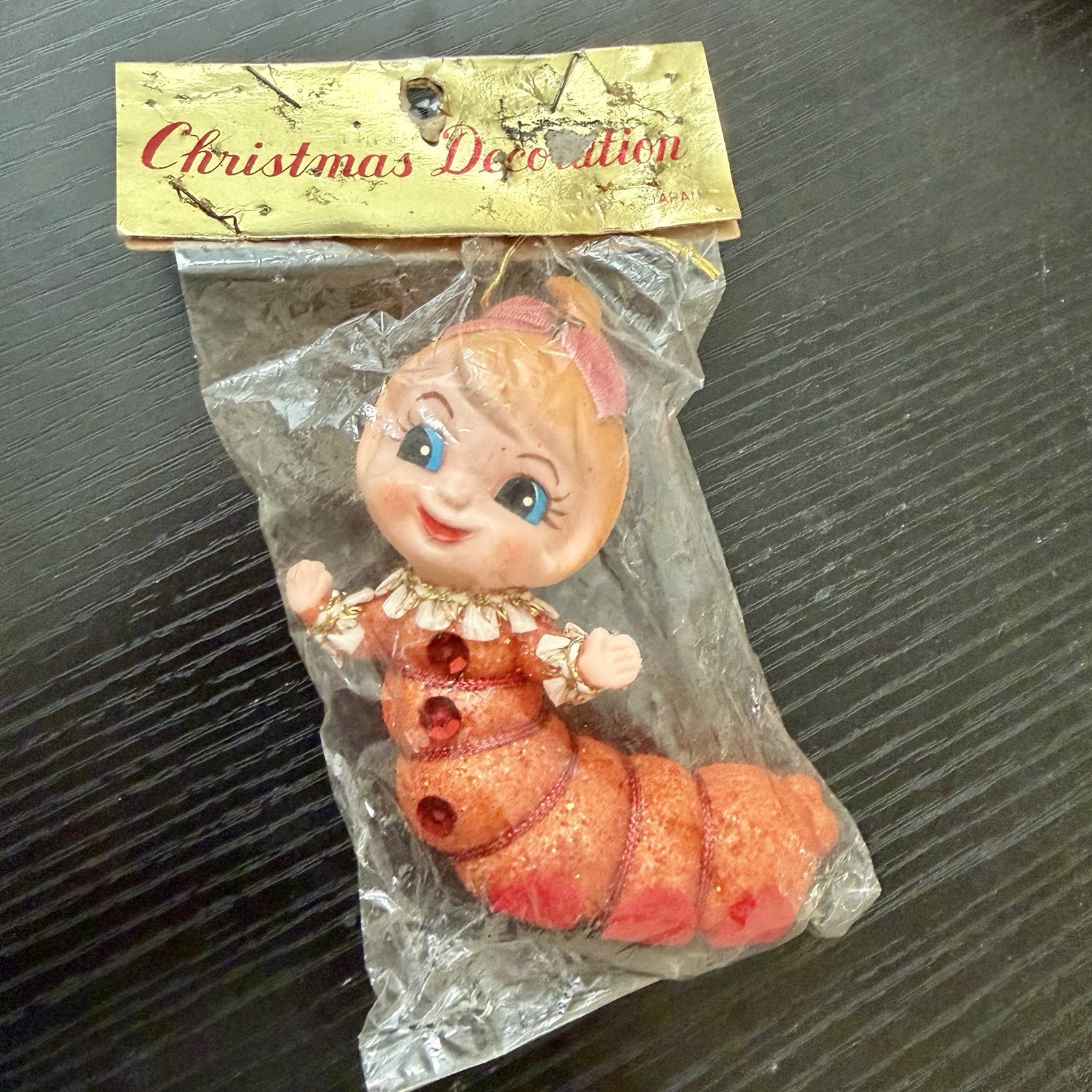 New 1960s Red Pixie Bug Christmas Ornament Japan Vintage Fairy Caterpillar 4”