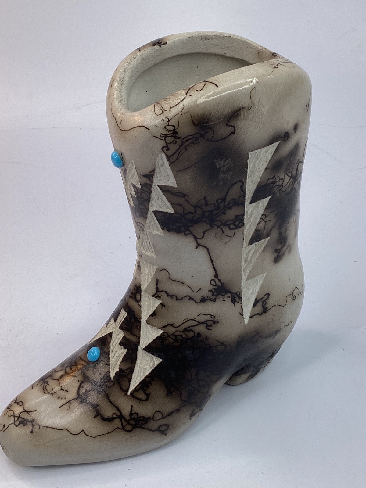 5” Navajo Horse Hair Pottery Vase Signed Vail Turquoise Cowboy Boot  B5